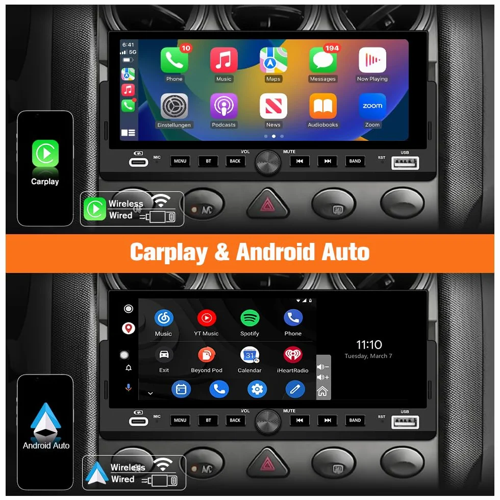 AWESAFE 6.86 Pulgadas 1 DIN Radio Coche Universal con Pantalla Táctil, con CarPlay/AndroidAuto/Admite Carga Type-C/USB/Micrófono/FM/EQ/WiFi/GPS/Bluetooth/USB/SWC y Cámara Trasera