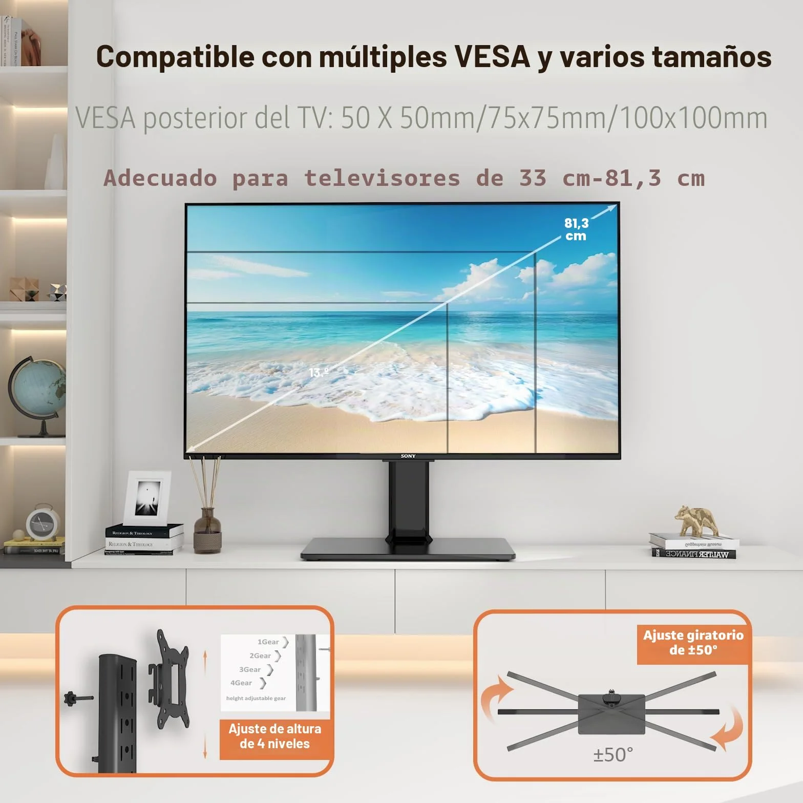 HEMUDU Soporte TV Pie Universal, Pequeño Soporte TV Mesa de 13-32 Pulgadas, Television Pie con Giro de 100°, Altura Ajustable en 4 Niveles, hasta 35 kg, Máx. VESA 100x100 mm HT07B-001P