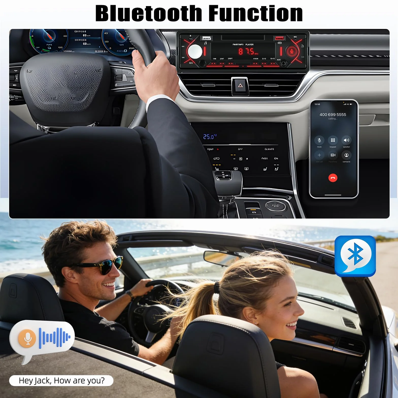 Radio de Coche Bluetooth 1 DIN, Autoradio soporta FM Radio, AUX/TF, Reproducción USB y Carga, Entrada de Disco Pantalla de Tiempo