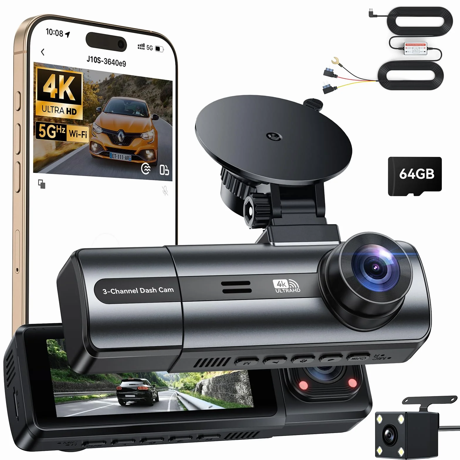 3 Canales Dash CAM Coche, 4K+1080P Camara Coche con WiFi & App Controlcon, Tarjeta 64G, Super Visión Nocturna, Gran 170°, WDR, Grabación de Bucle, G-Sensores, Monitor de Aparcamiento (Negro)