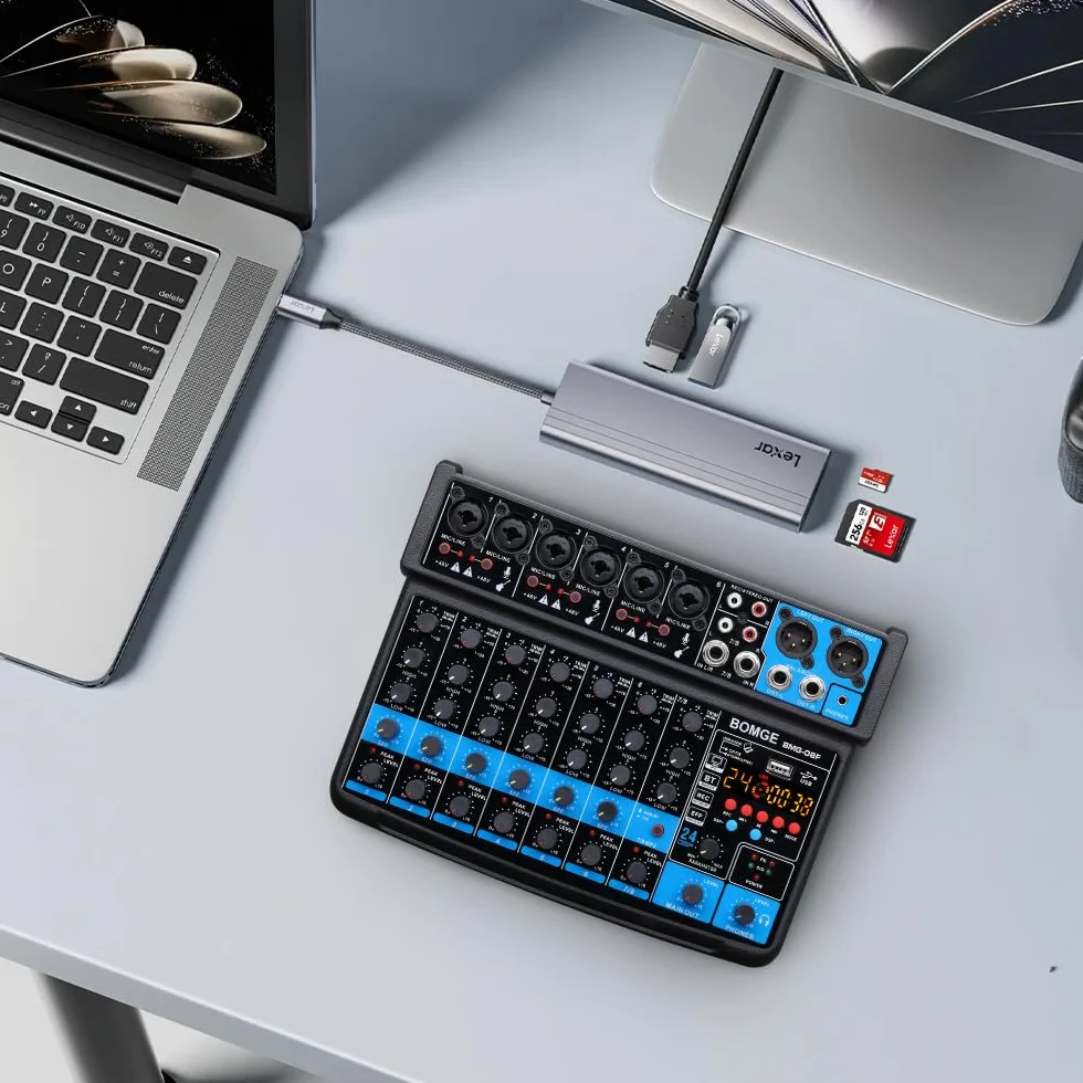 BOMGE Mini mezclador de audio de 8 canales, CC 5 V, con reproductor de MP3, Bluetooth, U disco 48 V, efectos 24DSP, grabación USB, ideal para clubes pequeños o bares, grabación de estudio (8 canales
