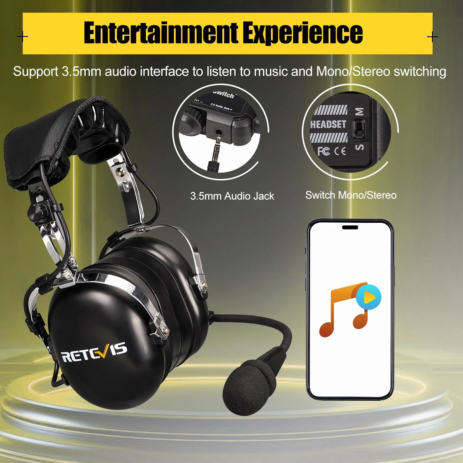 Retevis EHG001 - Auriculares de aviación Premium para Pilotos, Mono y estéreo, reducción de Ruido pasiva, micrófono con cancelación de Ruido, reposacabezas de Gel para Orejas, Diadema de Ajuste