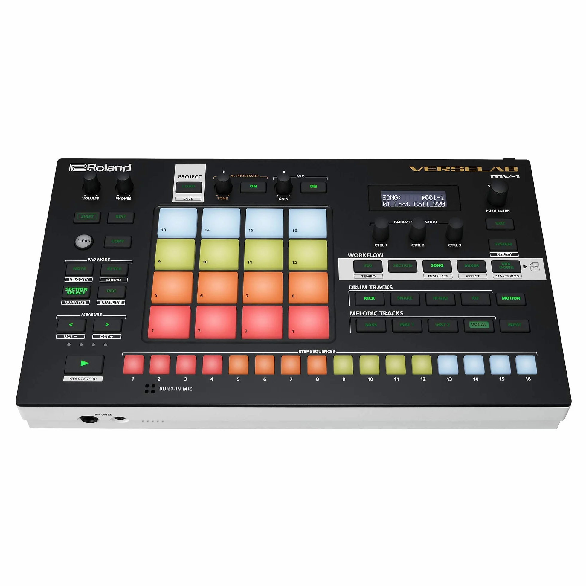 Roland VERSELAB MV-1, estudio de producción de canciones profesional con sonidos ZEN-Core para compositores y cantantes. Pads 4x4 y secuenciador por pasos TR-REC para baterías