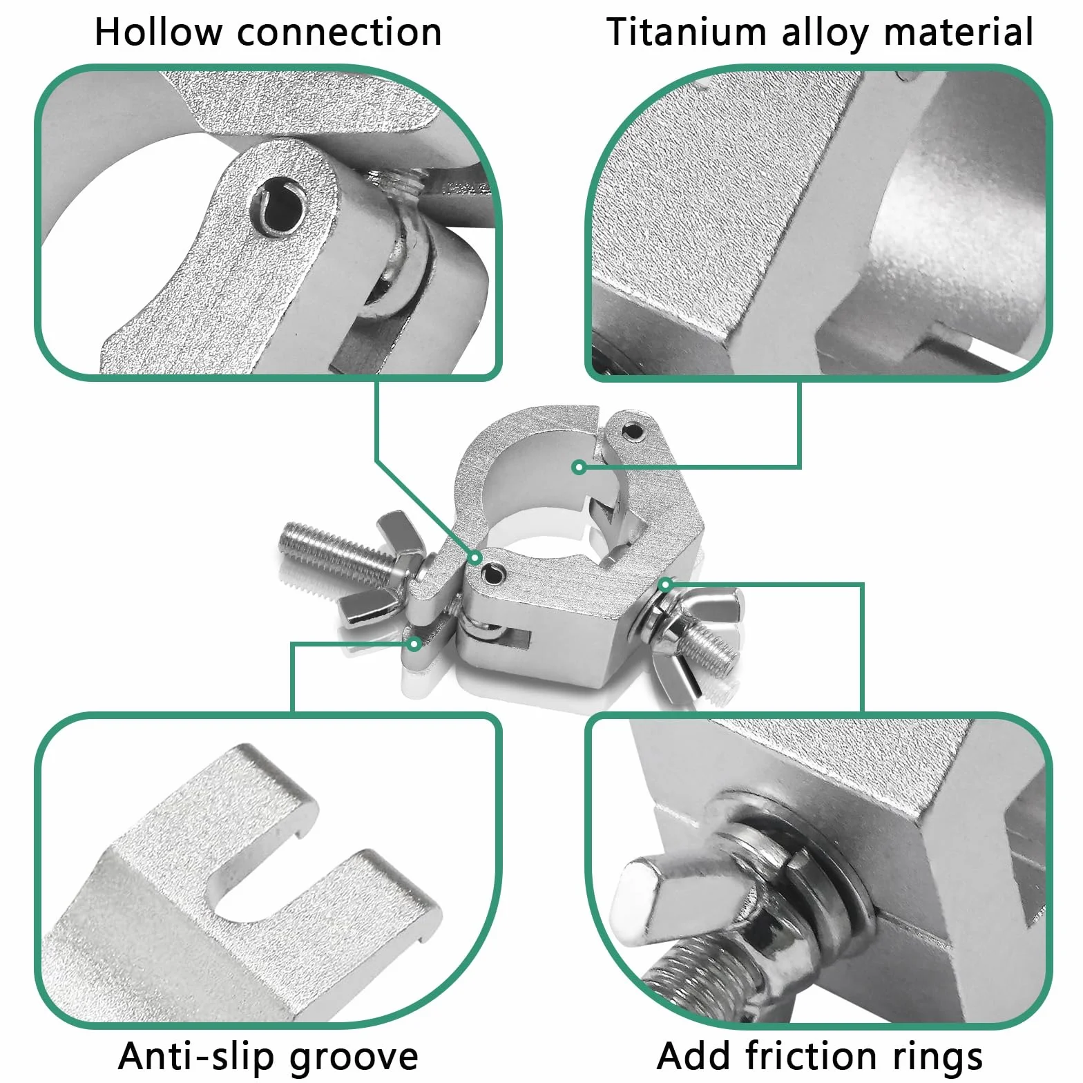 WECAN Iluminación de escenario y accesorios, abrazadera de aluminio en C, abrazaderas resistentes para andamios, ajustables de 30-35 mm (1,18 a 1,38 pulgadas) (4 unidades, color plateado)