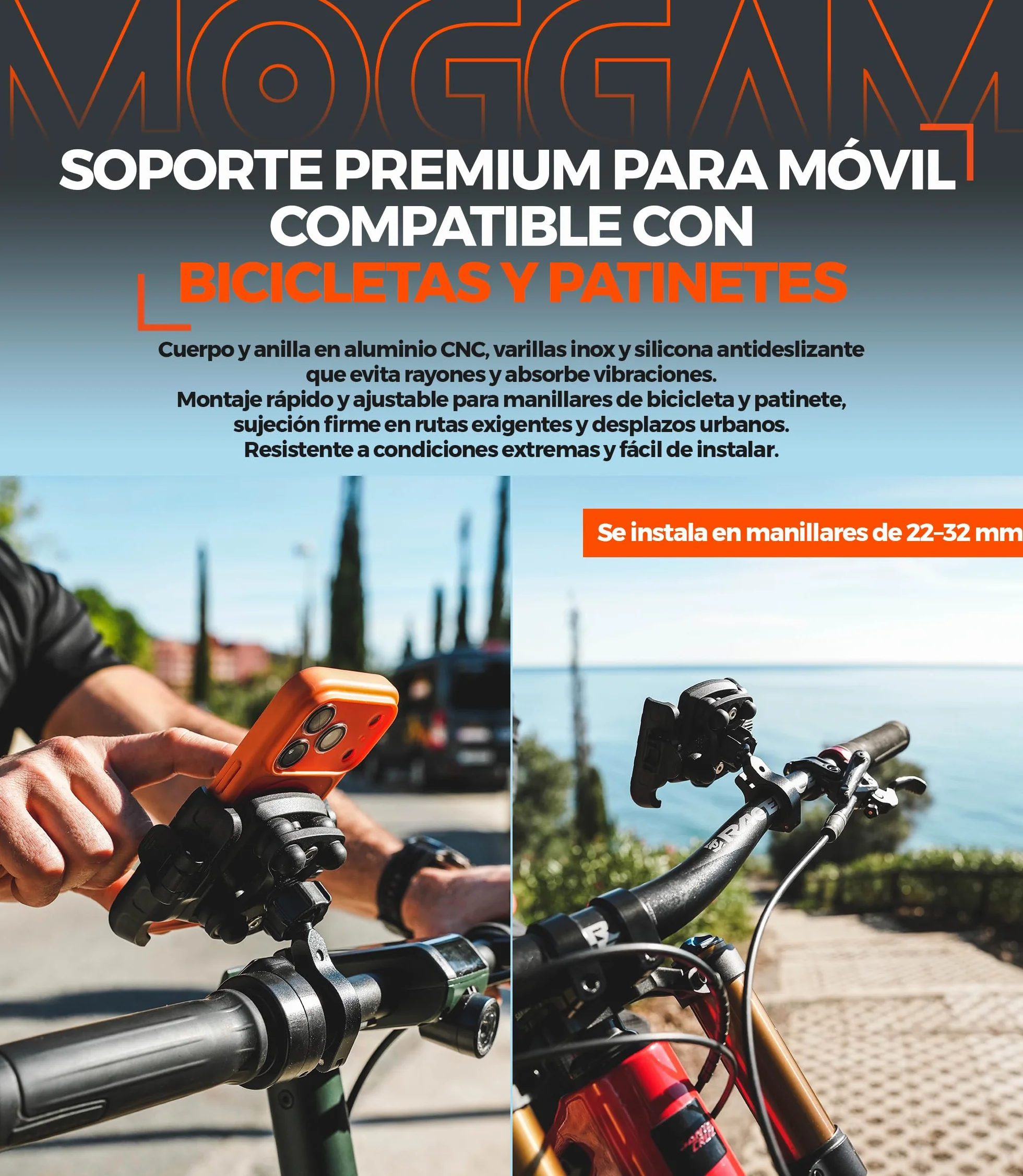 Soporte Móvil Moto Antivibración Aluminio CNC Liberación Rápida Rotación 360° Montaje Manillar 22-32mm Espejo 12-14mm Compatible Scooter Bicicleta