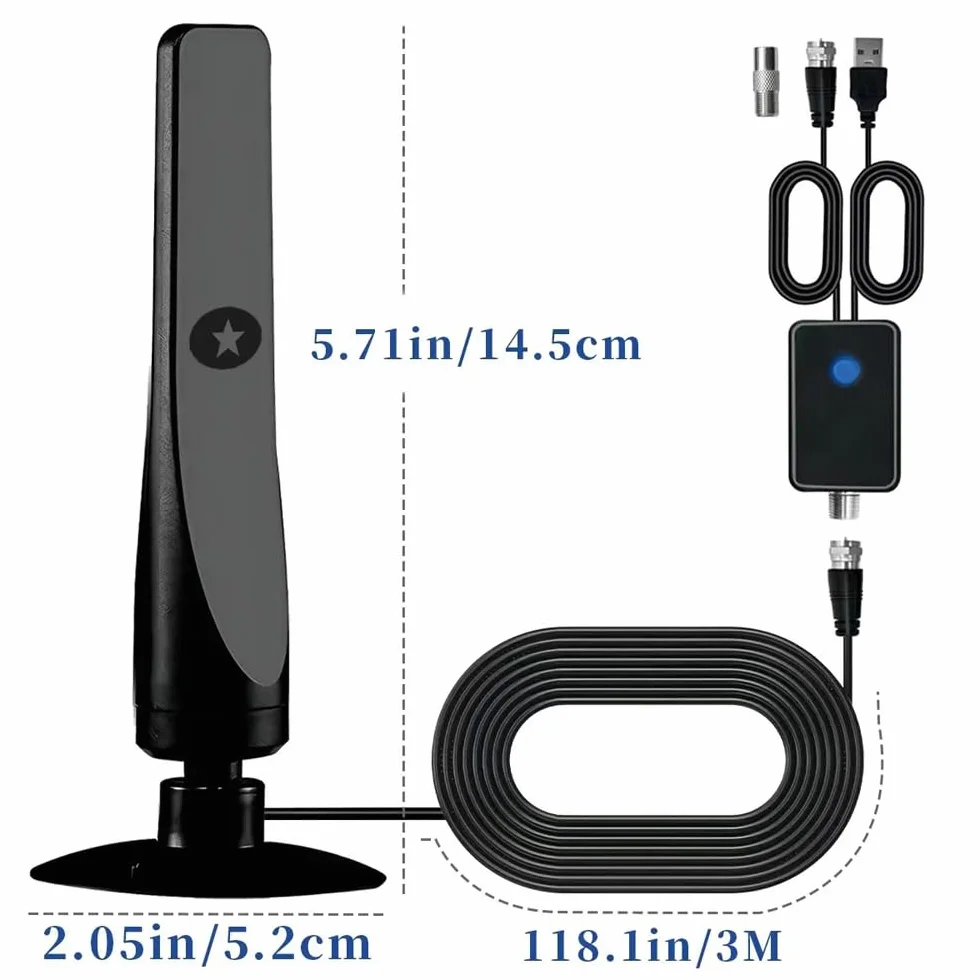 Antena de TV Digital HD para Interior, con Amplificador de Señal, Alcance de 80 km (50 Millas), Compatible con TDT 4K/1080P HDTV, Cable Coaxial de 3 m y Diseño Multidireccional