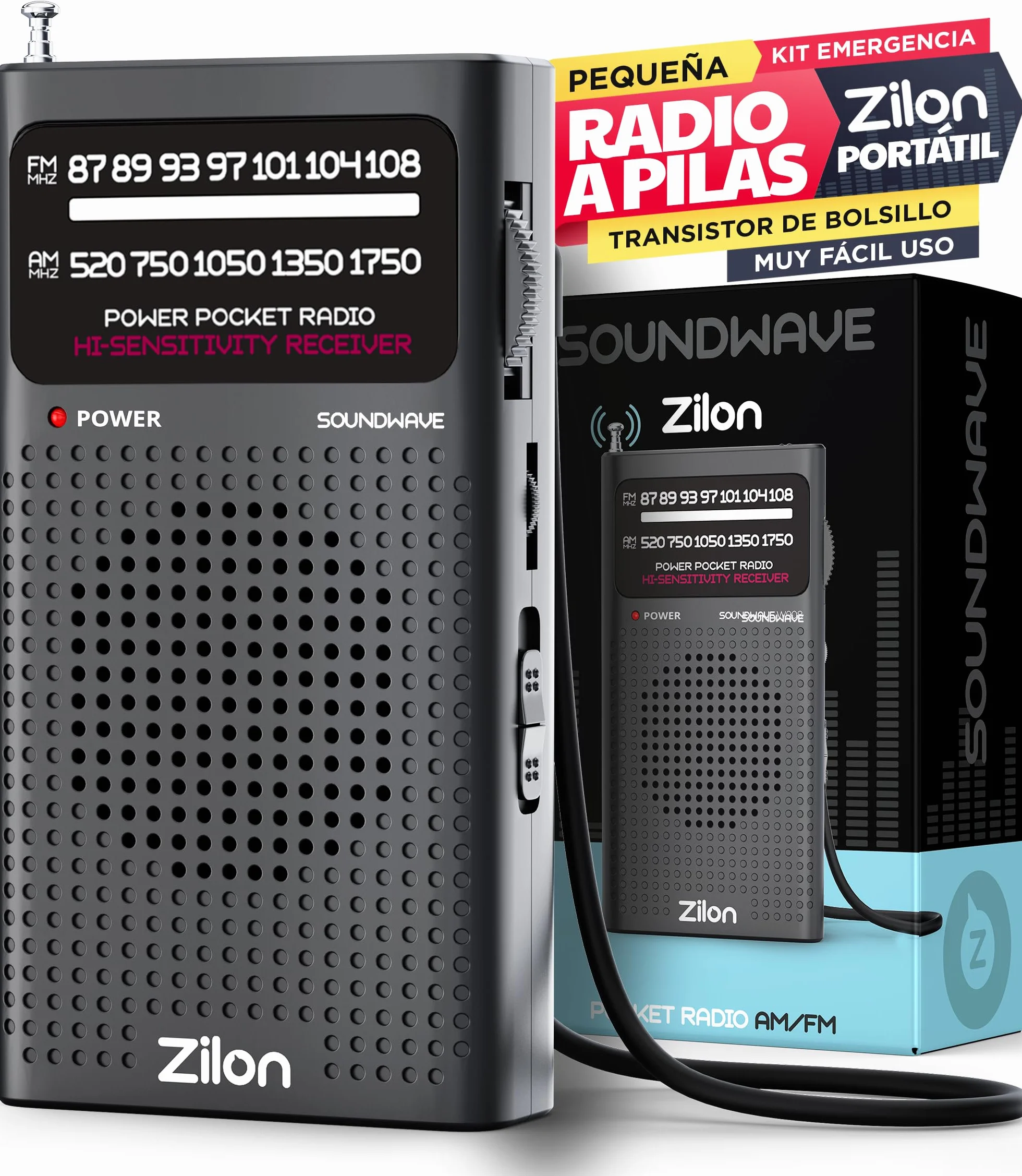 ZILON Transistor Radio a Pilas Pequeña Portatil Analogica Kit Emergencia FM Am Entrada Auriculares de Bolsillo Simple Personas Mayores Numeros Grandes para Facil Vision Muy Potente AA - MASVENDIDA