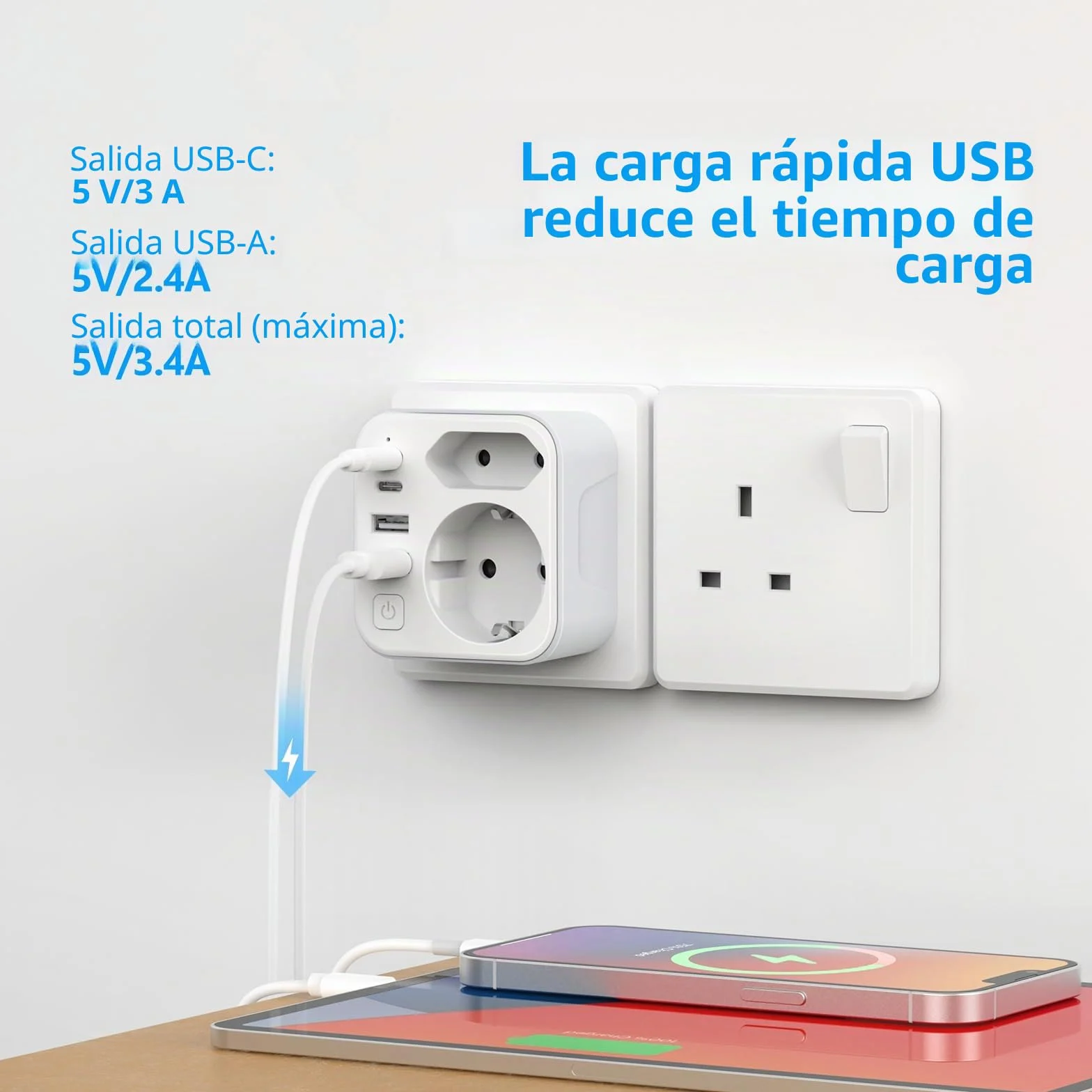 JSVER Adaptador Enchufe UK Tipo G con 2 USB A y 2 C para Viaje EU a UK Irlanda Malasia Singapur Hong Kong Macao