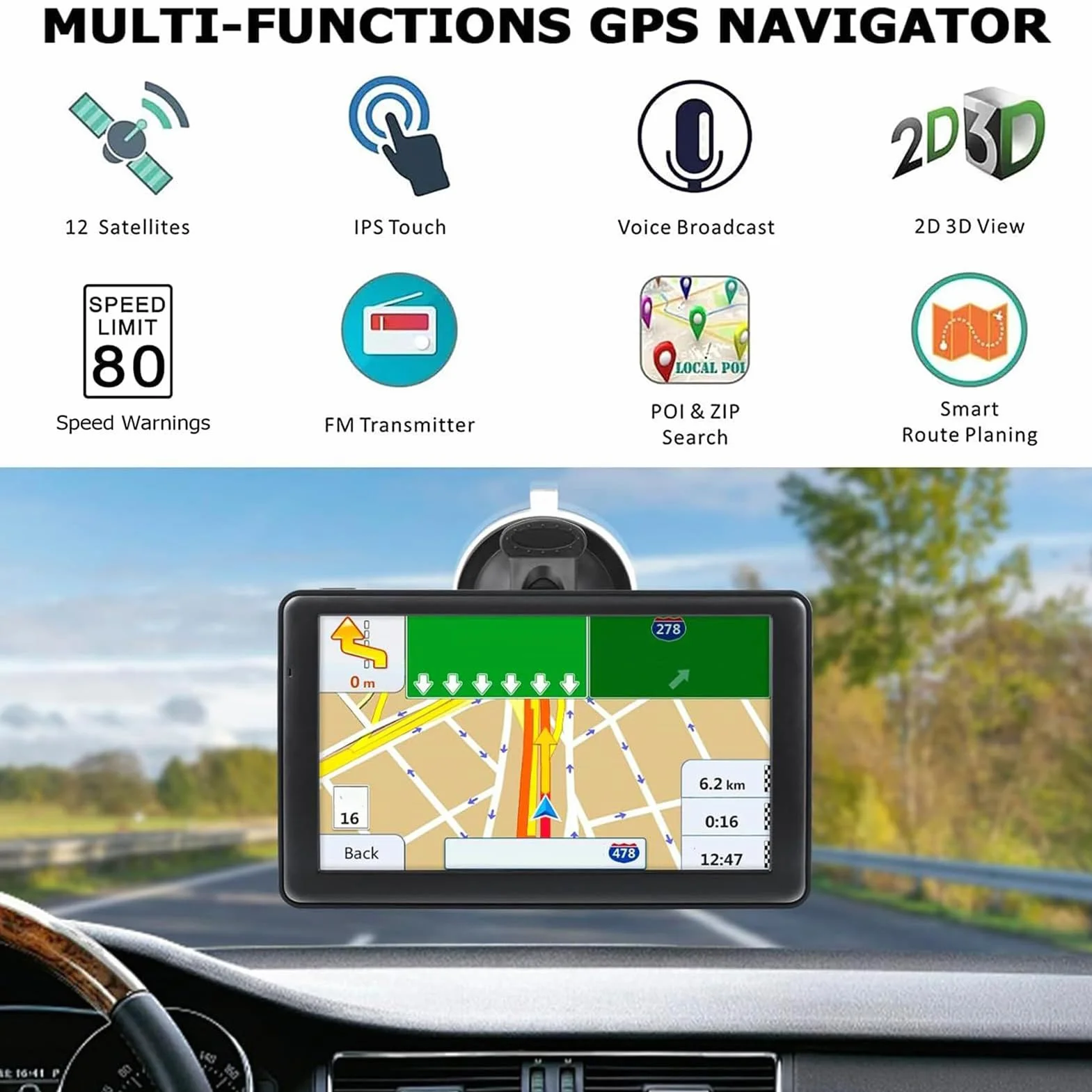 Navegador GPS para Coche,Navegación para Coche 7 Pulgadas (17.8 cm) | Pantalla Táctil con Mapas Inteligentes Dispositivo Portátil para Viajes Largos Carretera Camiones Autocaravanas