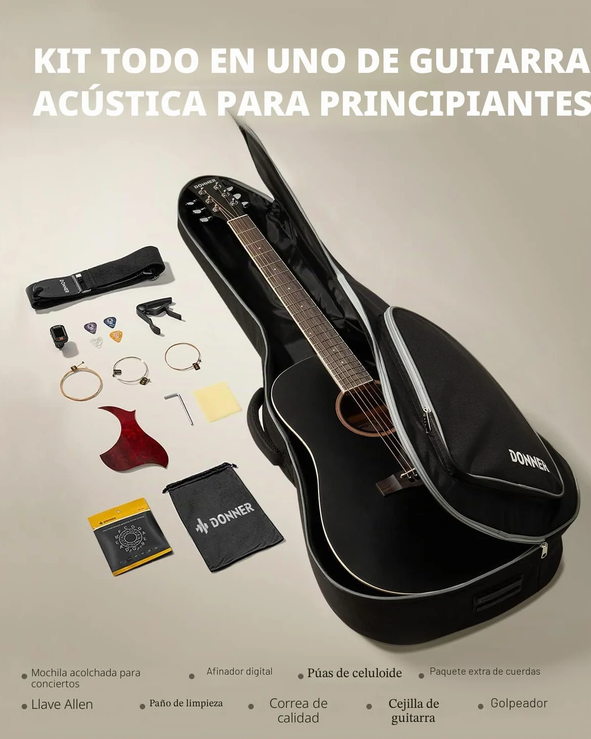 Donner Guitarra Acústica de Adulto Guitarra Cutaway 4/4 Kit Dreadnought 41 Pulgadas de Principiante con Cuerde Afinador Cejilla Negra