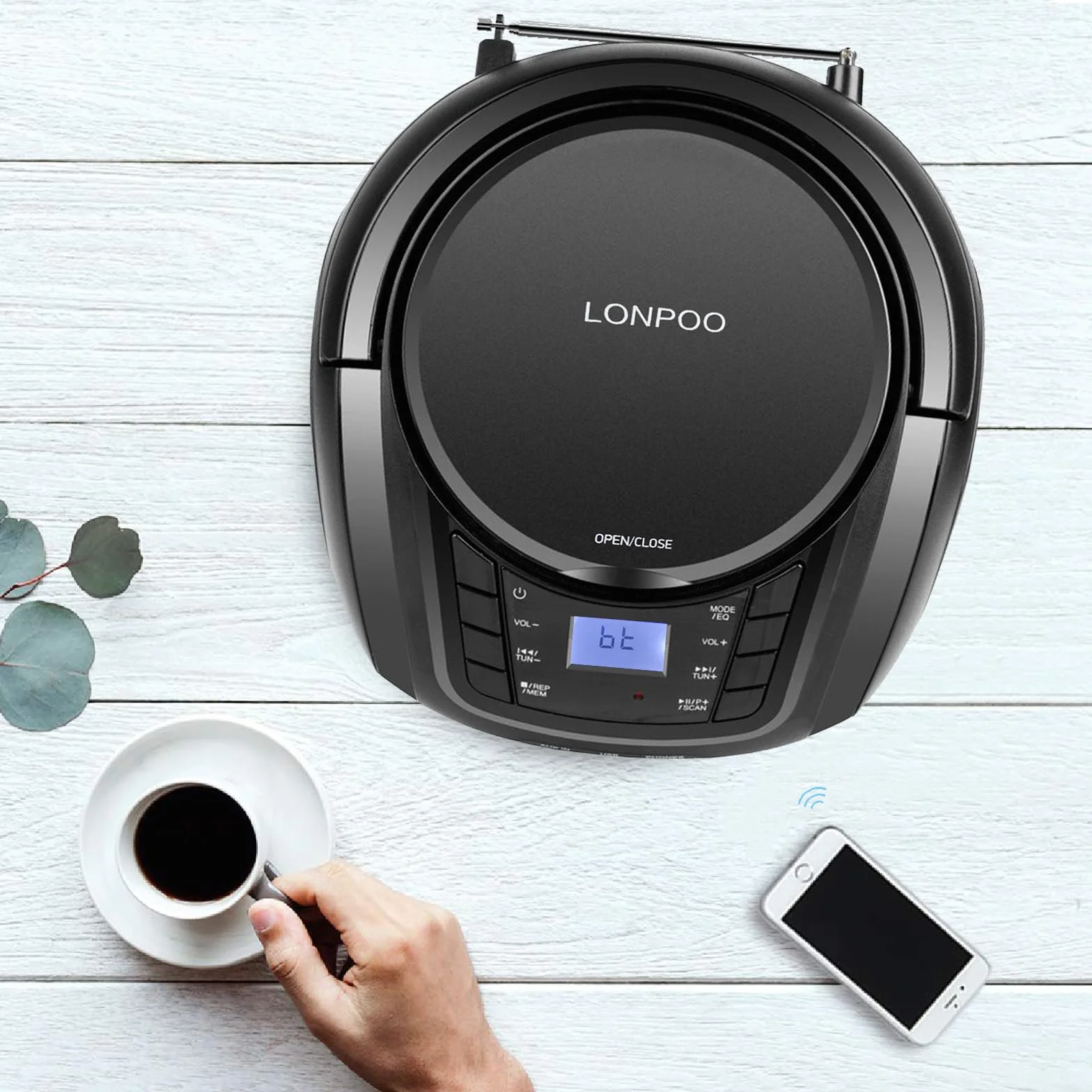 LONPOO Lectore de CD Portátil Boombox Reproductor Bluetooth/Radio FM/USB 2.0 / AUX-IN/Salida de Auriculares/Estéreo Altavoz /5 EQ