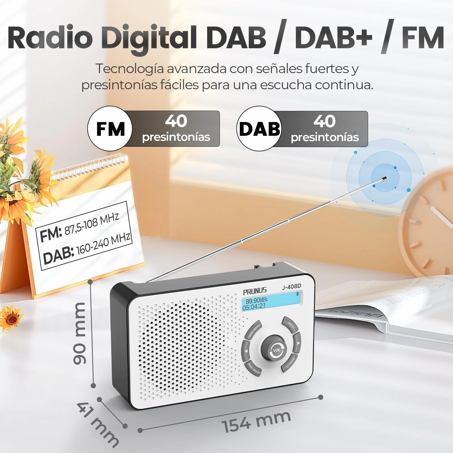 PRUNUS J-408 FM Radio DAB con Bluetooth 5.3, DAB Plus Radio funciona con pilas o batería de 2000 mAh, radio digital con 40 FM y 40 DAB preajustes, toma de auriculares, alarma dual/temporizador de