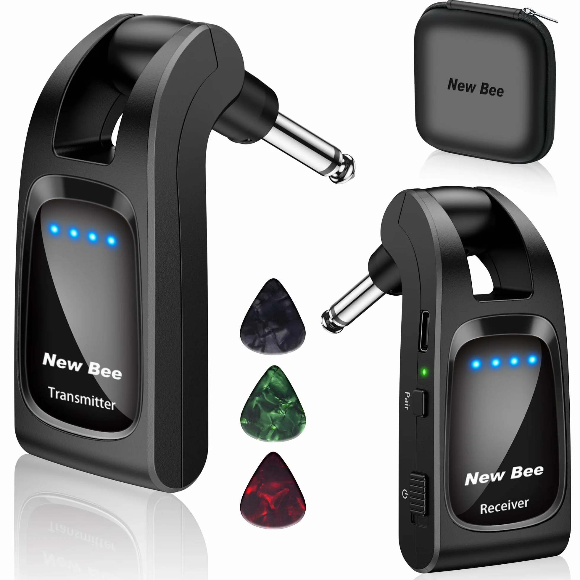 Sistema Inalámbrico de guitarra,New Bee 2.4GHz con 6 Canales de Audio Recargable Transmisor Receptor Inalámbrico de Guitarra para Guitarra bajo Instrumentos Eléctricos(Negro)