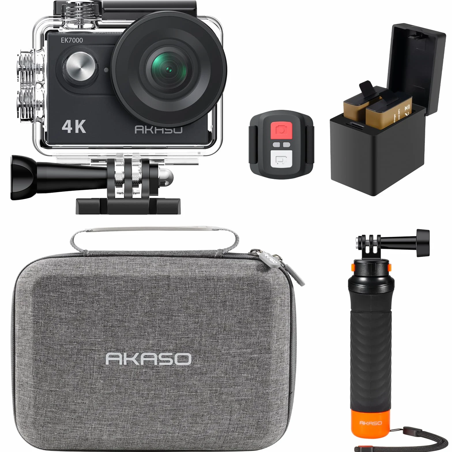 AKASO Pack de Buceo EK7000 Cámara Deportiva 4K 20MP WiFi Cámara de Acción para Surf y Buceo Camara Acuatica Sumergible con Empuñadura Flotante Impermeable, Bolsa de Almacenamiento, 2 Baterías