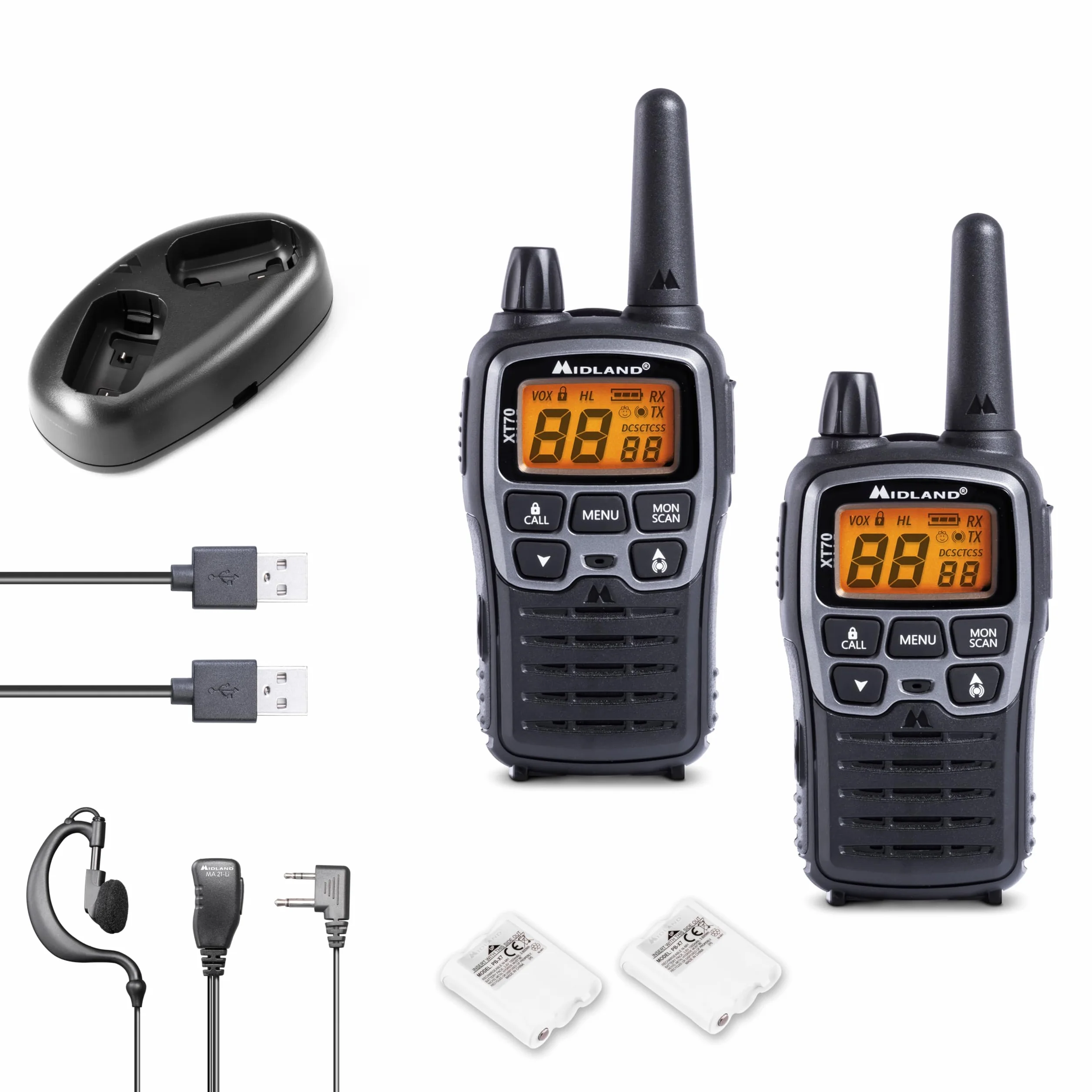 Midland C1180 XT70 - Walkie Talkie Profesional de Doble Banda con Carga Rápida - Gris - Formato 69 LPD y 24 PMR446, 12 km de Alcance, 38 Tonos, 83 Códigos - Set de 2 Transceptores