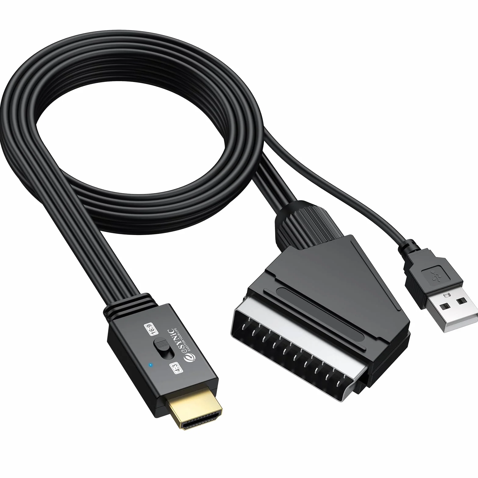 eSynic Convertidor SCART a HDMI 1080P, Conversor Euroconector a HDMI con Cable SCART Integrado 1.5m & Selector 4:3/16:9, Compatible para VCR/DVD/VHS