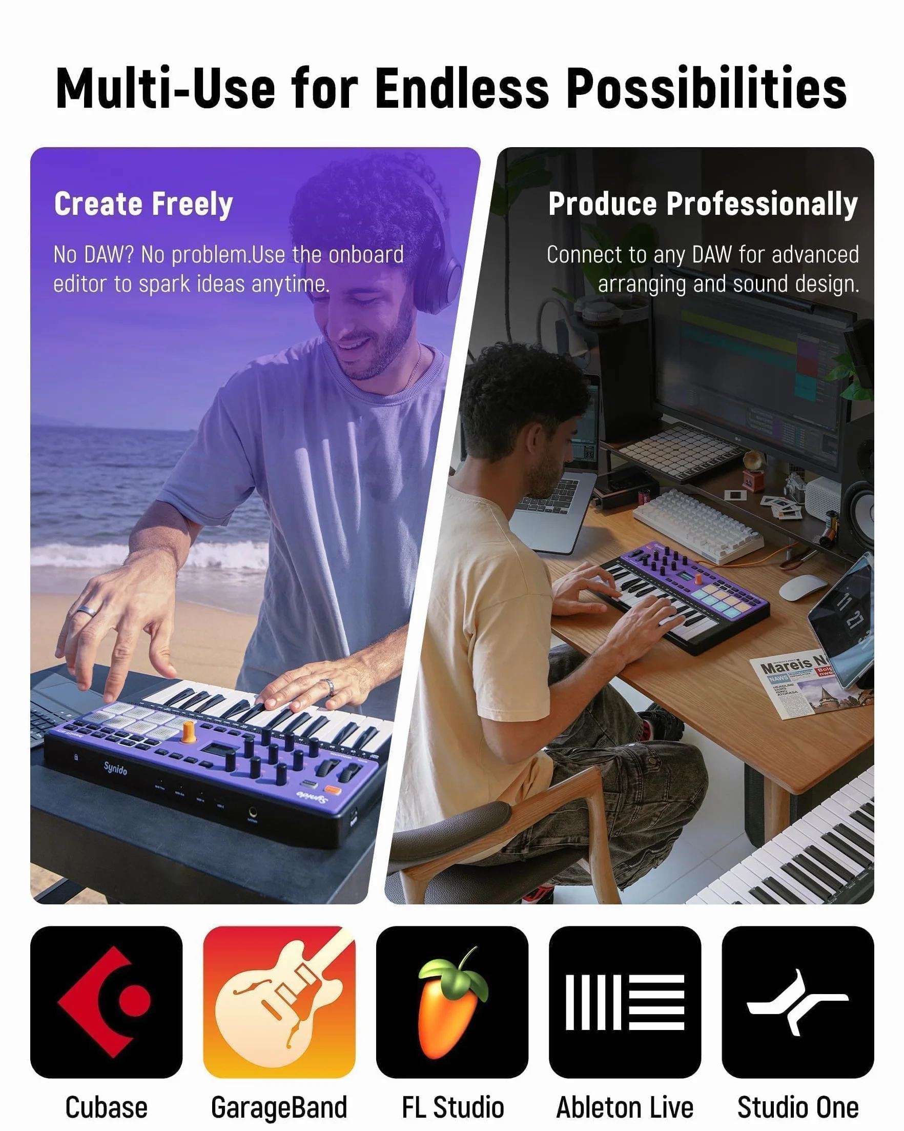 Synido TempoKEY W25 - Teclado controlador USB C MIDI de 25 teclas, conexión inalámbrica recargable con 8 almohadillas RGB de velocidad, pantalla OLED, entrada/salida/pasante, teclado MIDI profesional