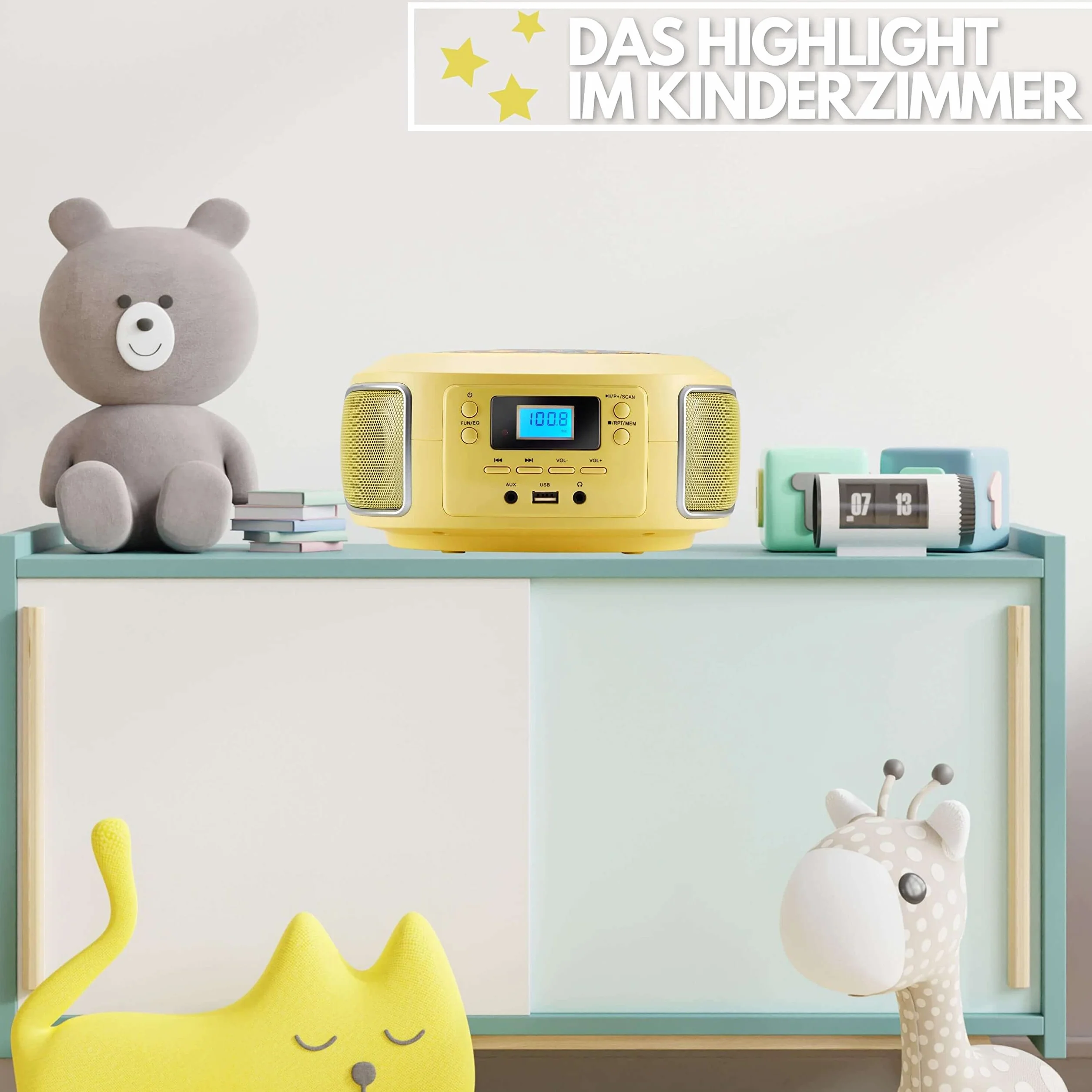 Boombox portátil | Radio FM | AUX-In | CD/CD-R | USB | Conector para auriculares | Sistema compacto | Reproductor de CD | Radio CD | Sistema estéreo | Radio infantil | Boombox (amarillo glamo)