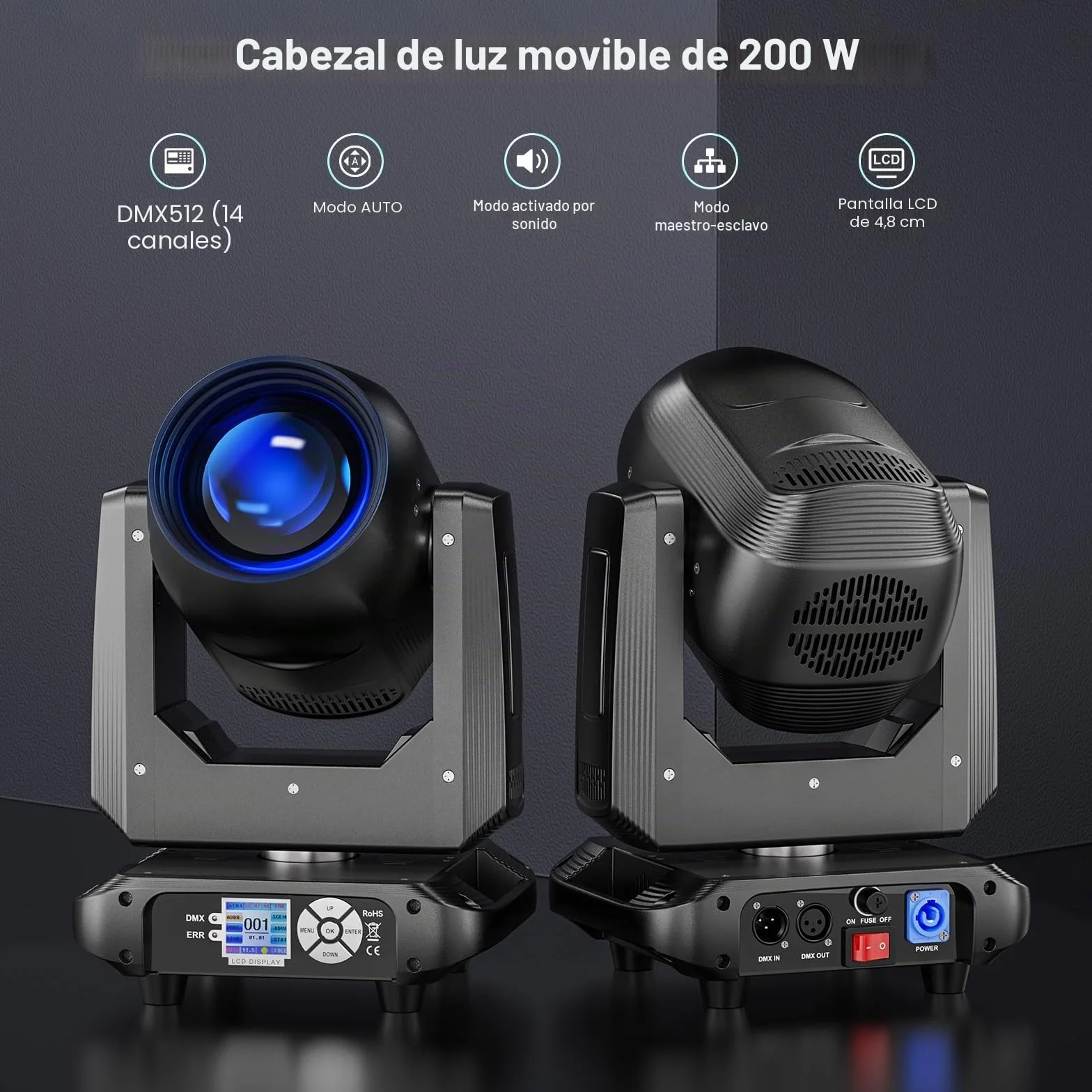 200W Cabeza Móvil RGBW LED Beam Luces de Escenario, Foco Electrónico 14 Patrones dmx512 Luces de Fiesta 18 Prismas 360° Rotación Efecto Arcoiris Para Navidad DJ Discoteca Bar Boda
