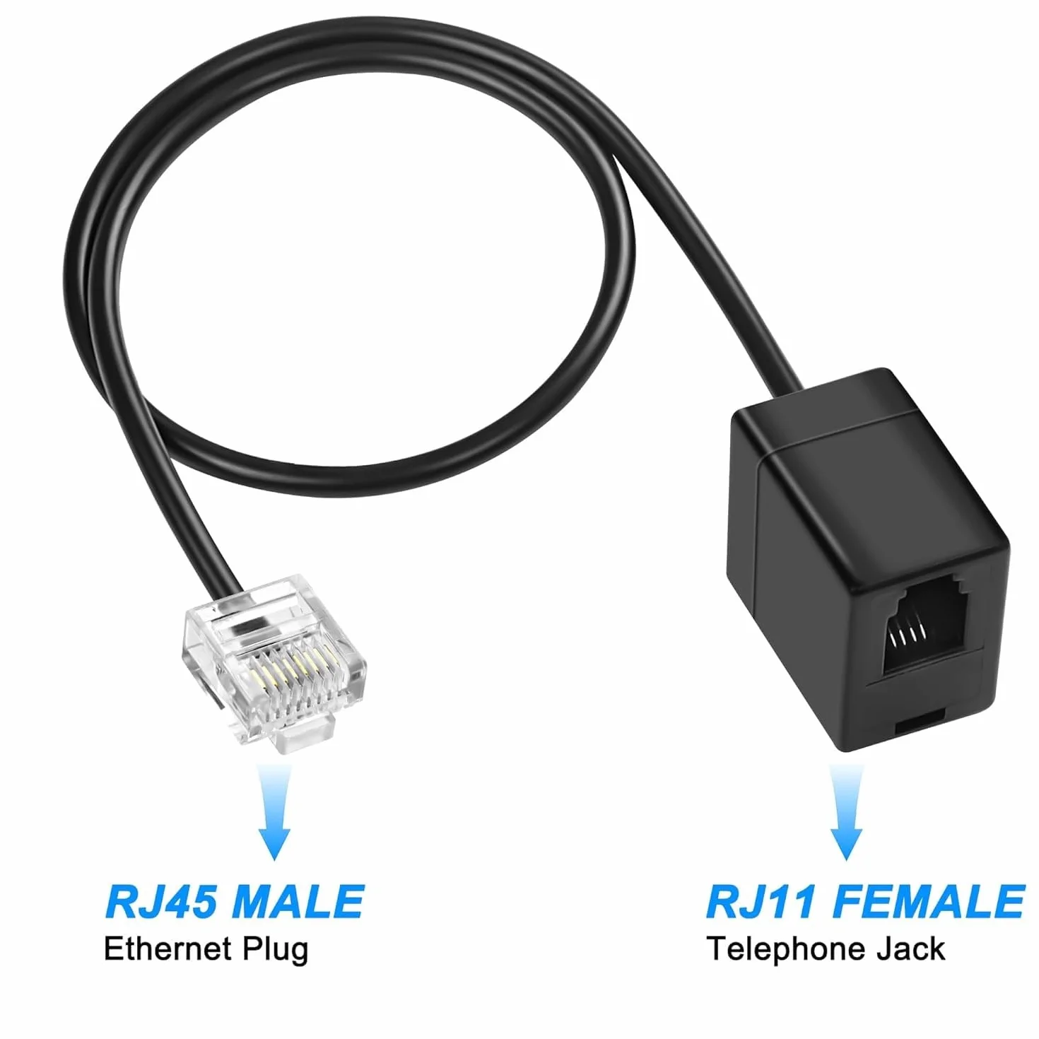 TECHZOCO Cable Adaptador teléfono RJ45 Macho a RJ11 hembra, Cable de red a teléfono, 1x RJ45 male 8P8C to RJ11 female 6P4C, Adaptador Rj45 a Rj11, Plug and Play, Longitud 35 cm