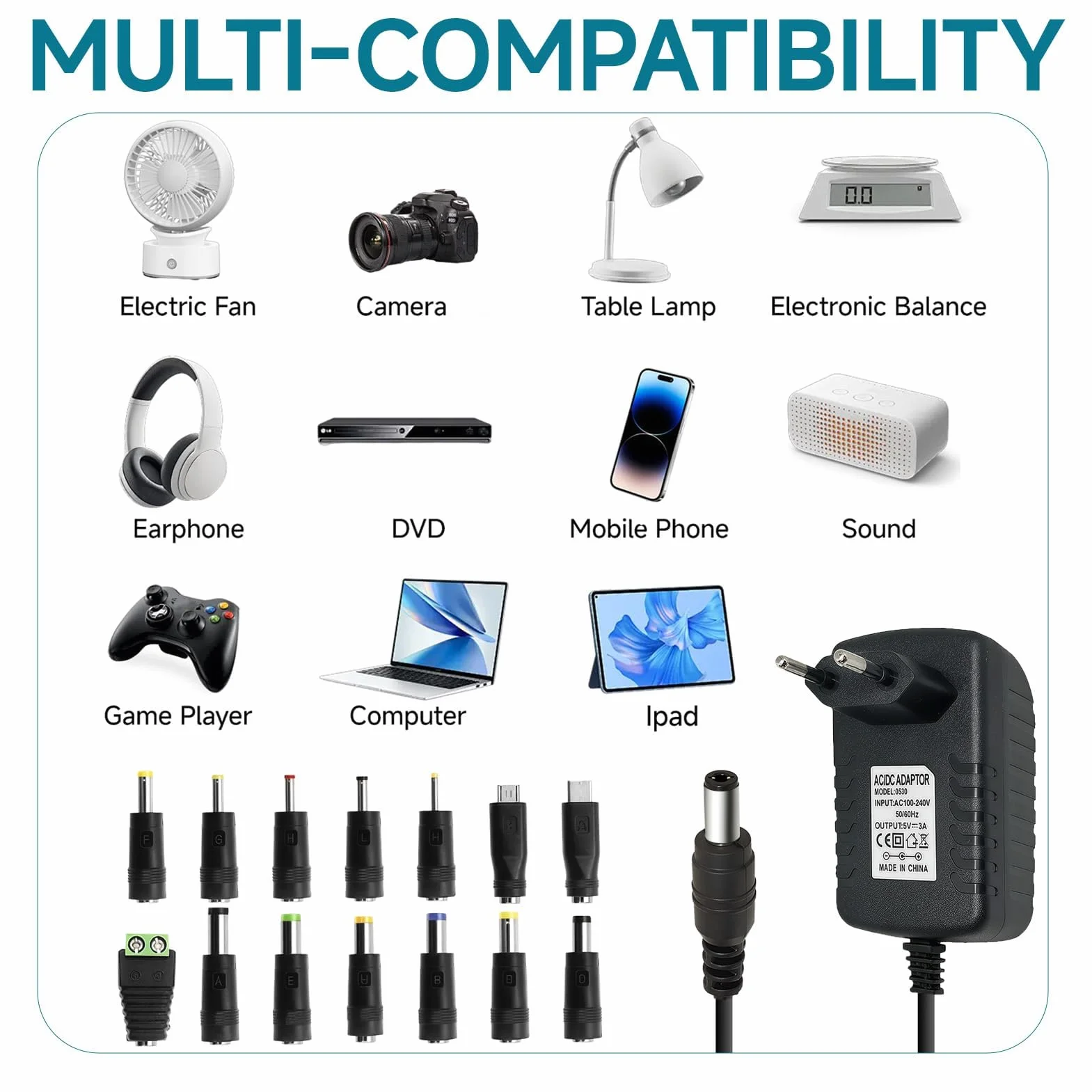 5V - Adaptador Universal DC5 V, 1 A, 2 A, 3 A, Cargador AC a DC Transformador Multiples Clavijas con 14 Adaptadores de Enchufe DC Fuente de Alimentación para Cámaras CCTV Tiras de Luz LED TV Box