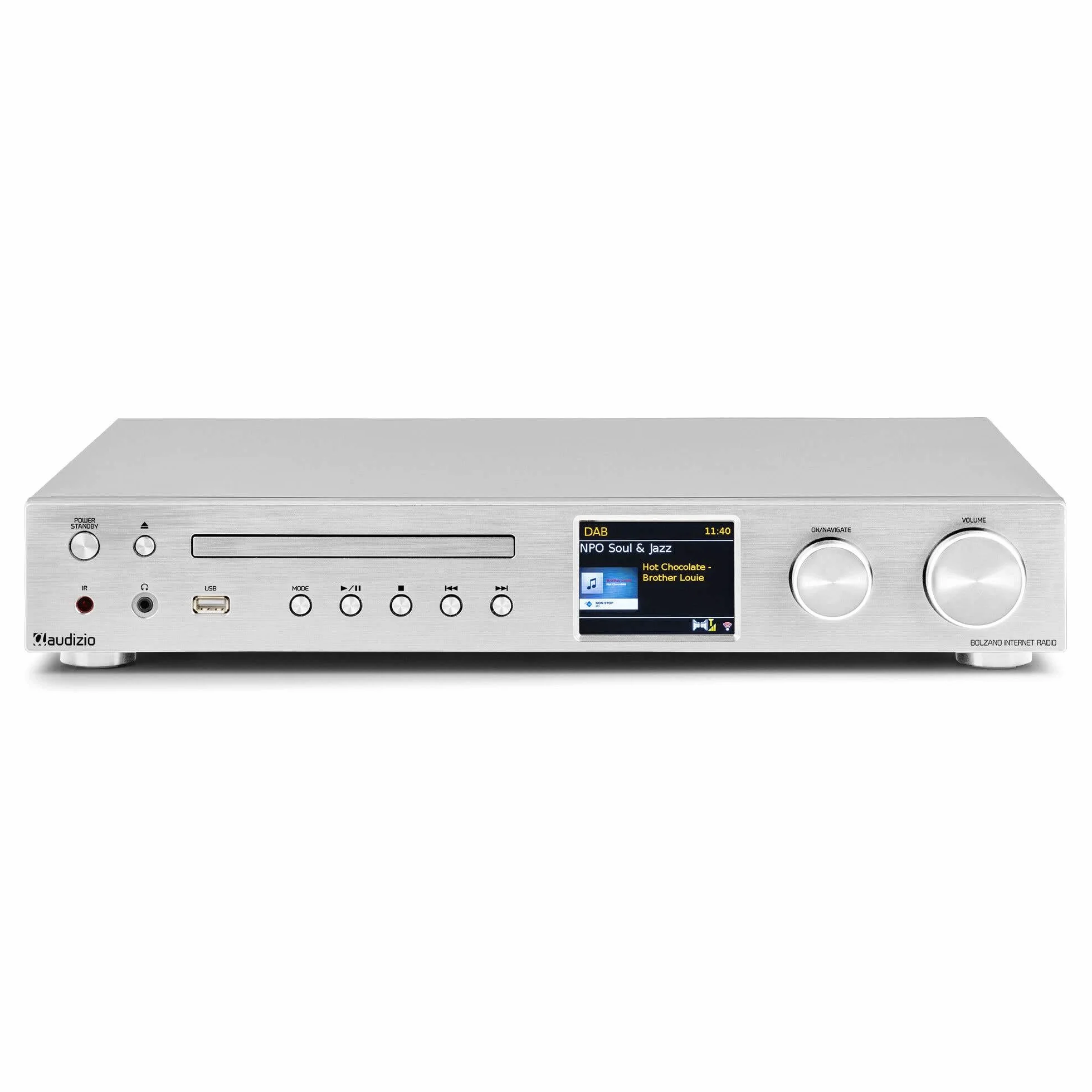 Audizio Bolzano - Radio Internet Dab+ y FM WLAN Bluetooth, Reproductor CD, Spotify Connect, Despertador, 40.000 emisoras, Mando a Distancia y Control por App, conexión Toslink y subwoofer, Plateada