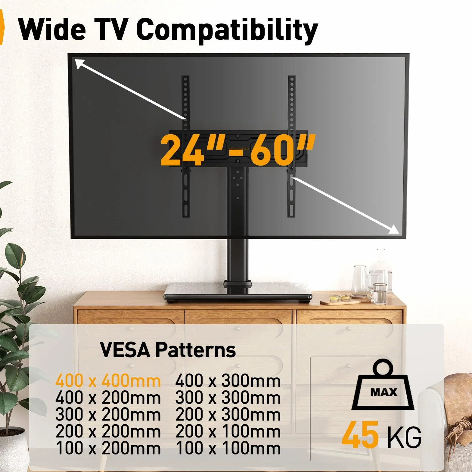 Perlegear Soporte de TV Universal Giratorio 24-60 Pulgadas 45 KG VESA 400x400mm