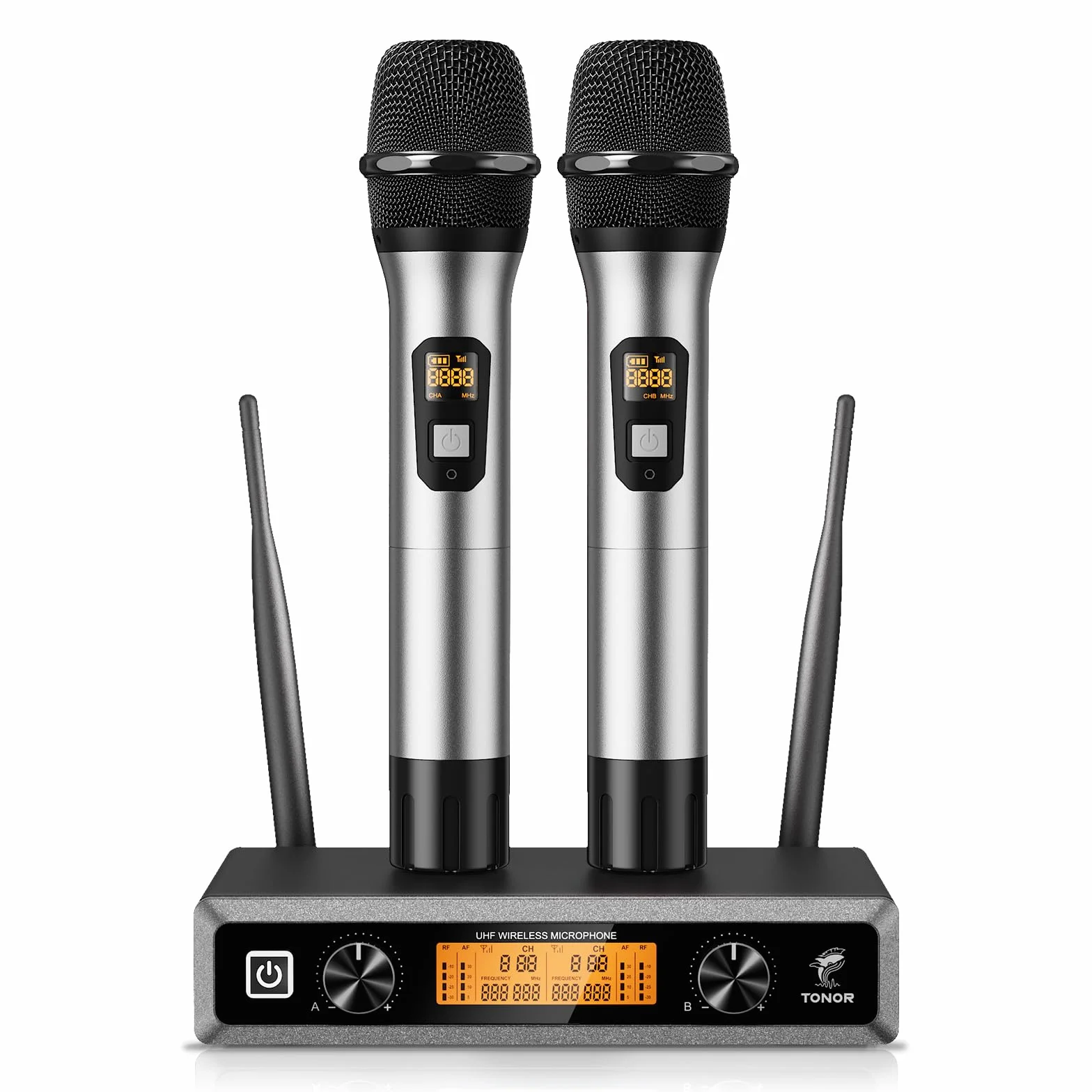 TONOR Micrófono Inalámbrico Dual Sistema de Micrófono Inalámbrico de Mano Profesional UHF, Set KTV Hogar para Karaoke, DJ, Fiesta, 60 Metros, TW820, Plata