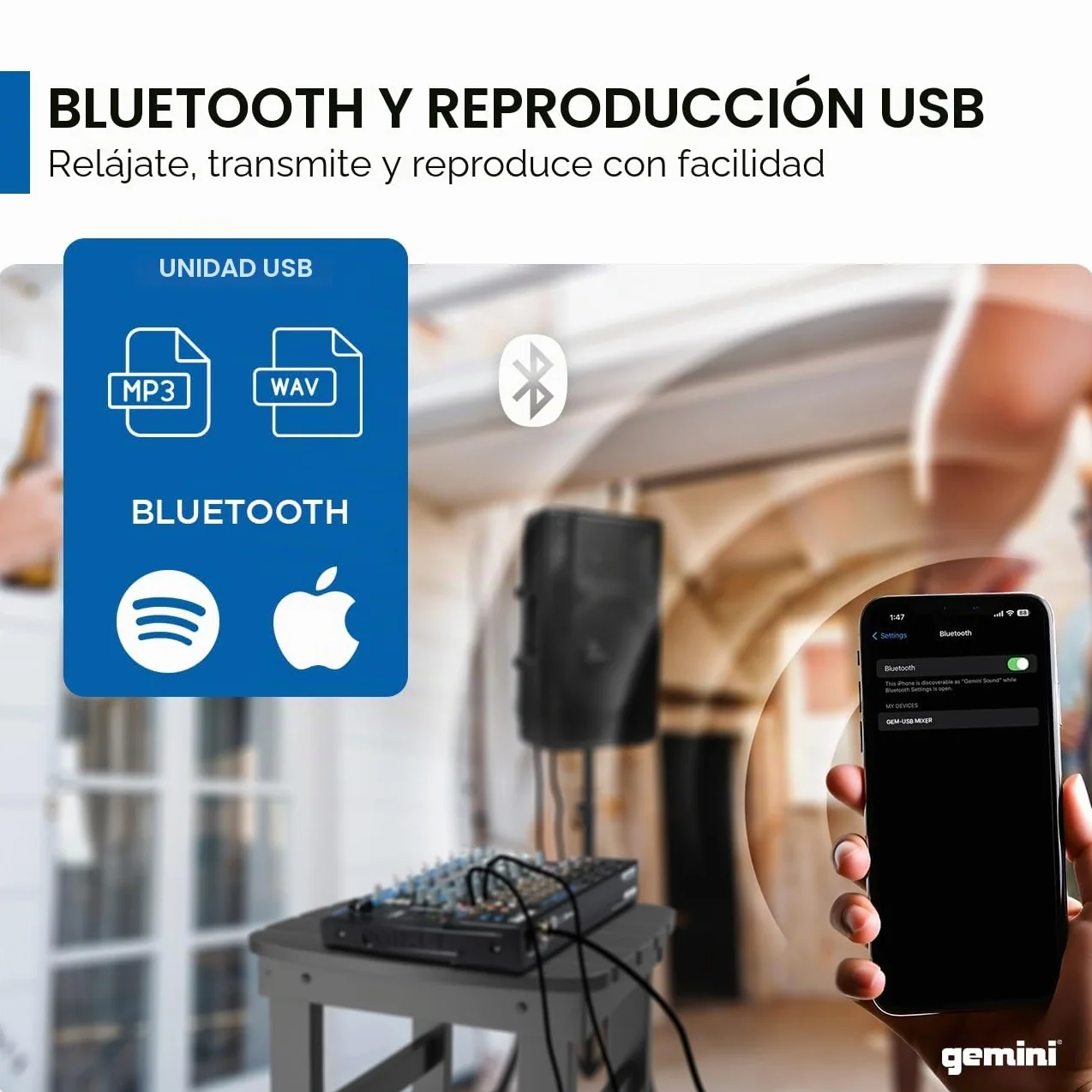 Gemini Sound GEM-12USB Mezclador analógico de 12 canales compactos que incluye 4 canales de micrófono, EQ de 3 bandas, reproducción USB de la memoria USB y Streaming Bluetooth