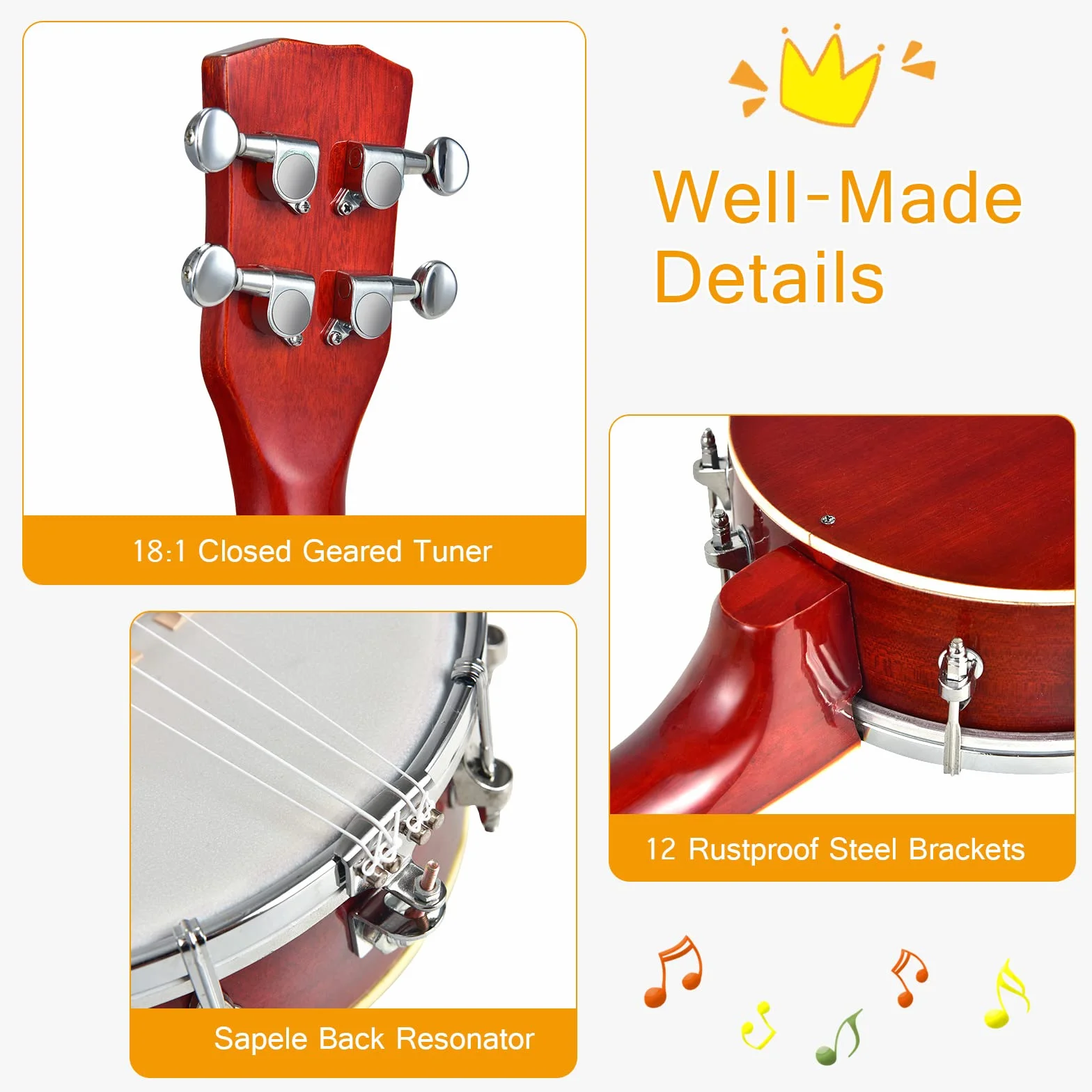 RELAX4LIFE Banjo de 4 cuerdas y 12 soportes portátil con bolsa, parte trasera sólida y cerrada y remo tambor, kit pequeño ukelele banjo de 62,5 cm, para niños, adultos, principiantes