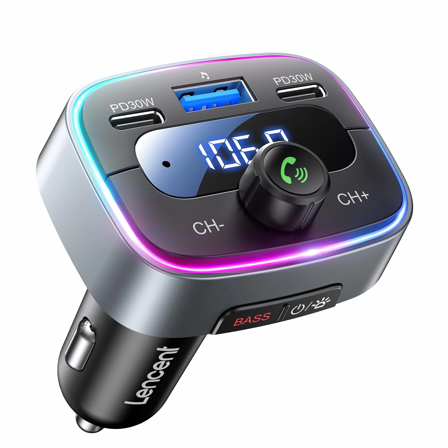 LENCENT Transmisor FM Bluetooth 5,4 Auto 60W, Carga Rápida con 2 USB-C (PD 30W), Manos Libres Adaptador de Música para Coche, Reducción de Ruido CVC, Deep Bass Hi-Fi con LED de 7 Colores y Memoria USB