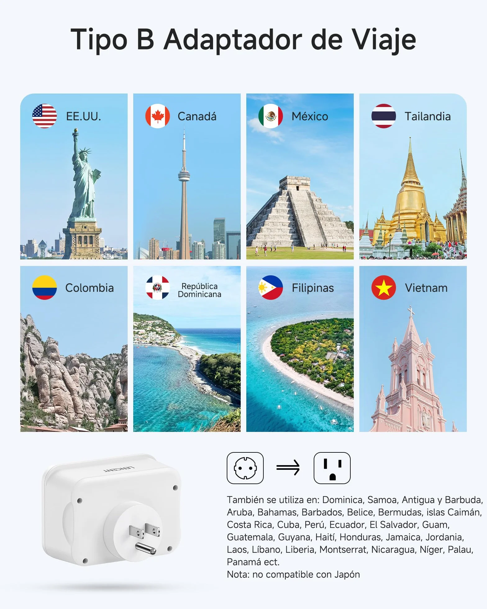 LENCENT Adaptador Enchufe USA/EE.UU, Adaptador Americano de Viaje con 3 Puertos USB y 1 Puerto USB-C, Europa Español 2-Pin a 3-Pin EEUU para México, Canada, Tailandia, Perú, Colombia, Tipo B Blanco