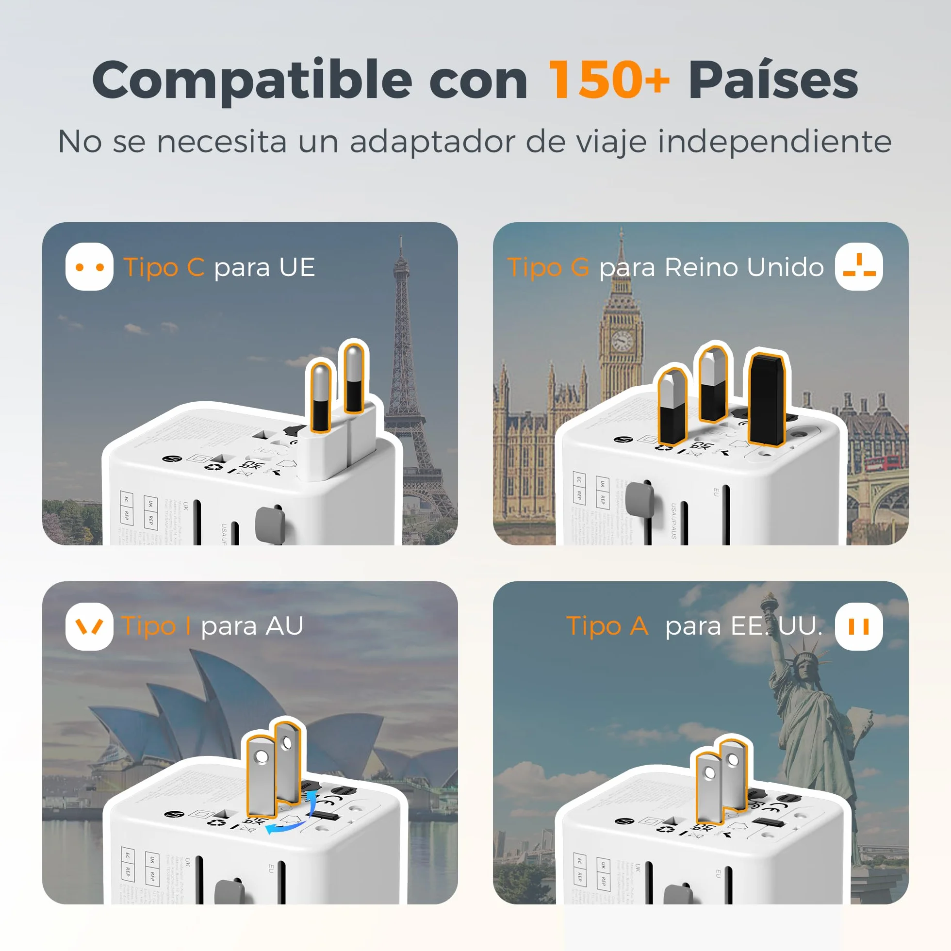 TESSAN Adaptador Enchufe Universal con 2 USB A y 2 USB C para Viaje Inglaterra EE. UU. Japón Tailandia Australia