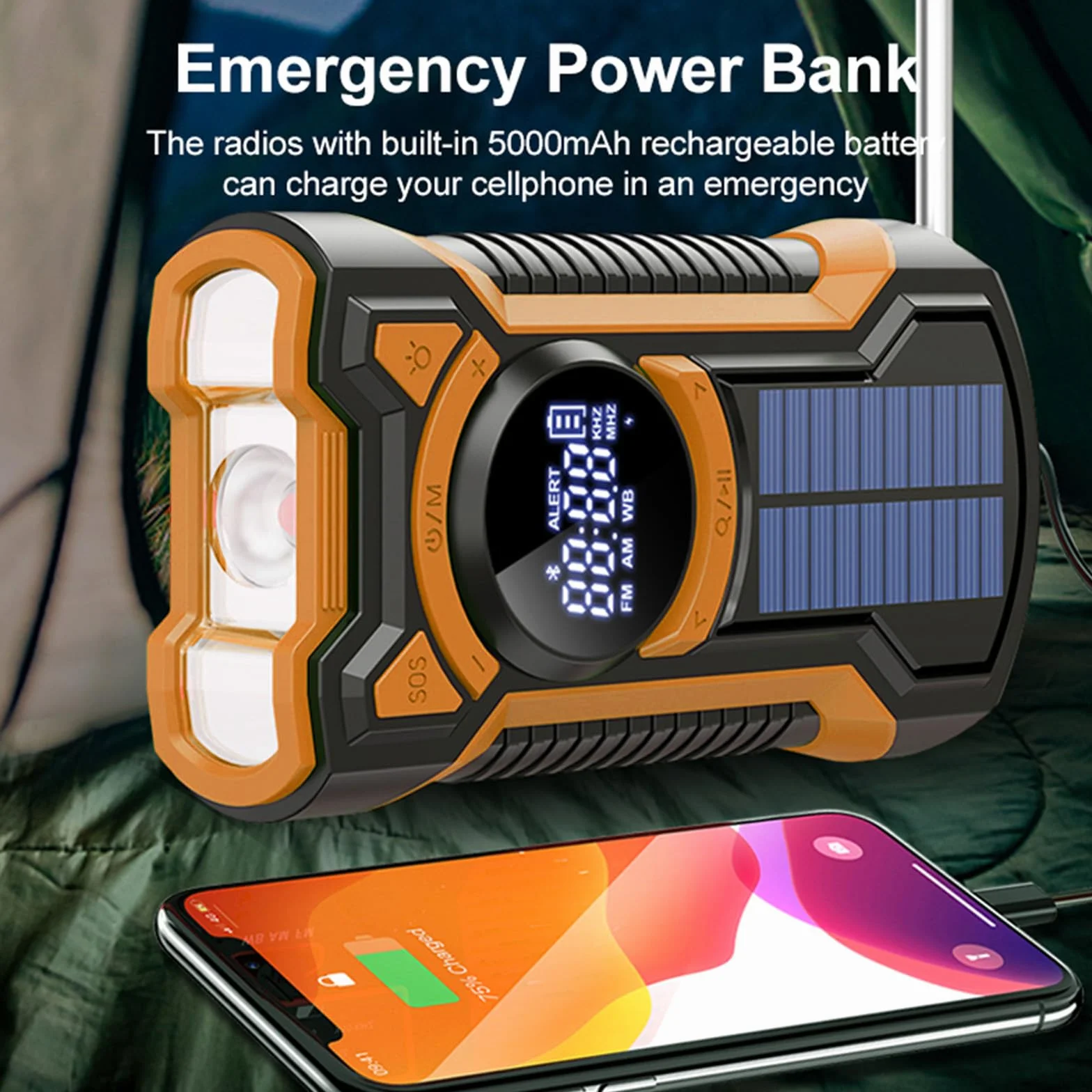 Cargador Solar para Movil, FM/Am Radio Portátil de Emergencia con Manivela y 5000mAh Powerbank y Altavoz Bluetooth Linterna LED y SOS Alarma IPX5 Impermeable Pare Radio de Camping al Aire Libre