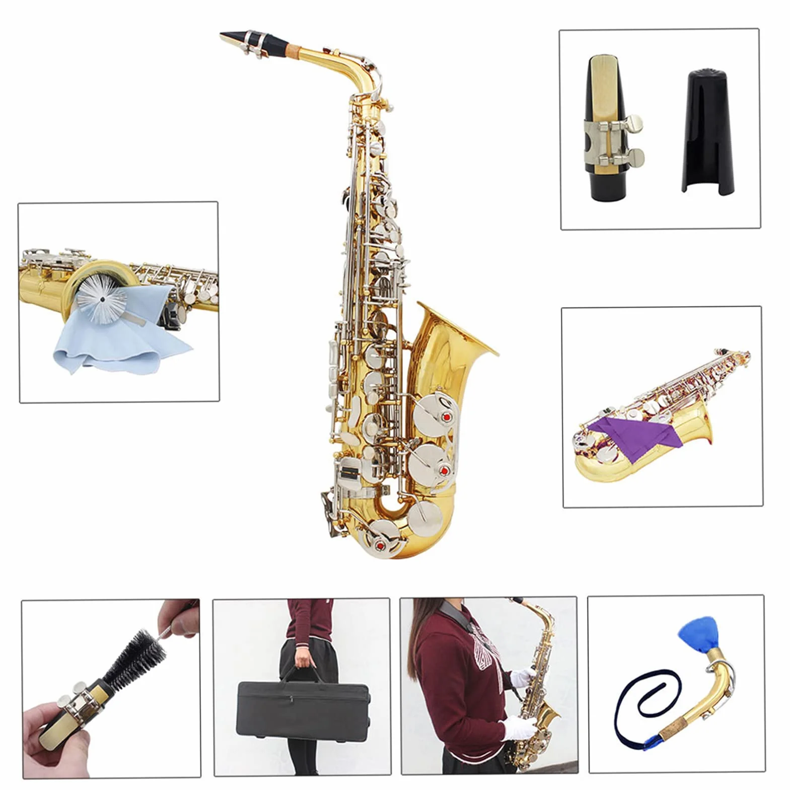HUIOP LADE Saxofón Alto Saxófono Latón Brillante Grabado Eb E-Flat Botón de Shell Blanco Natural Instrumento de Viento con los Guantes Caso Mute Paño de Limpieza Cepillo de Banda,Saxófono