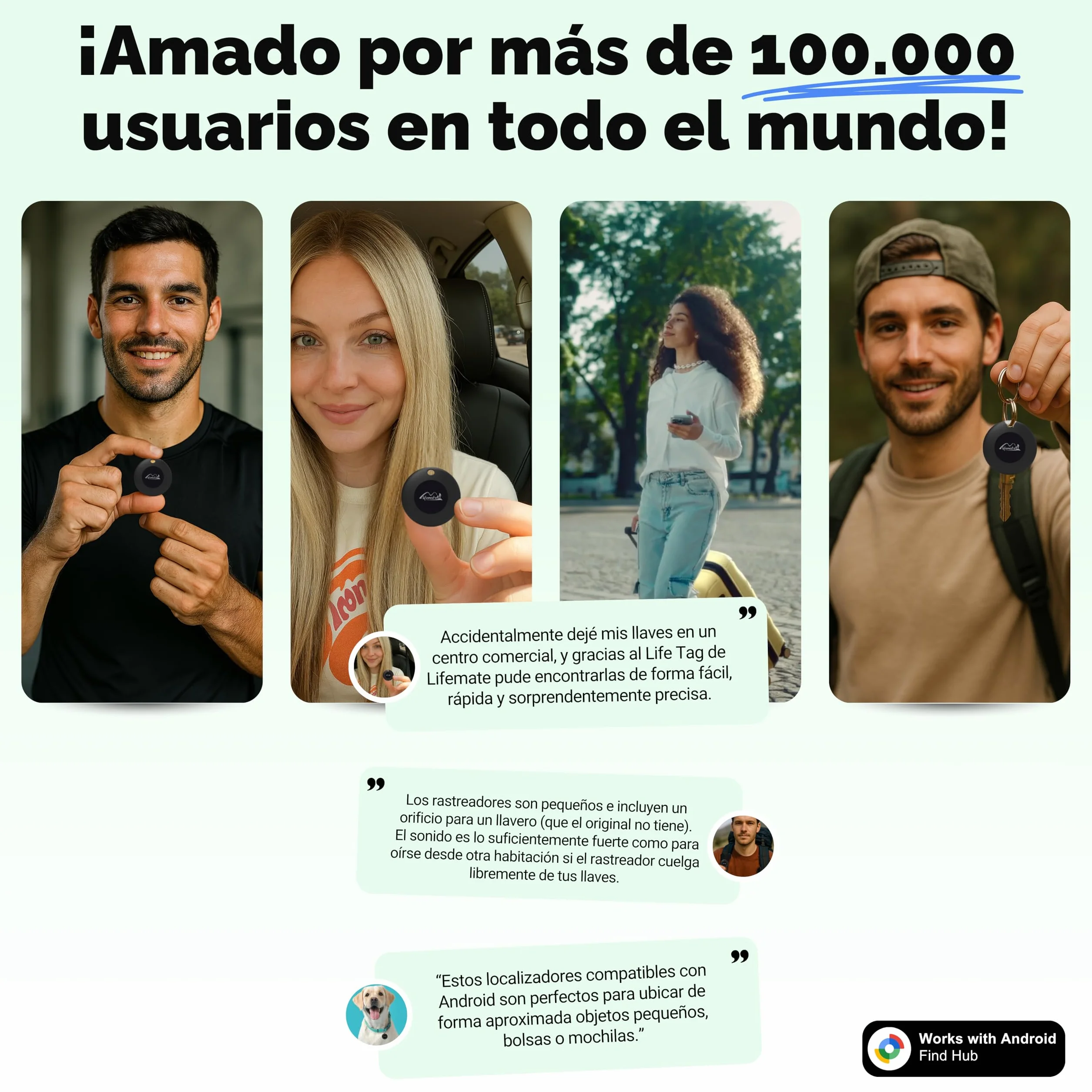 Lifemate Life Tag para Android 4-Pack, Air Tag Android Compatible con Localizador de Google, Rastreador Bluetooth Impermeable IP67 con Batería Larga Duración y Diseño Compacto