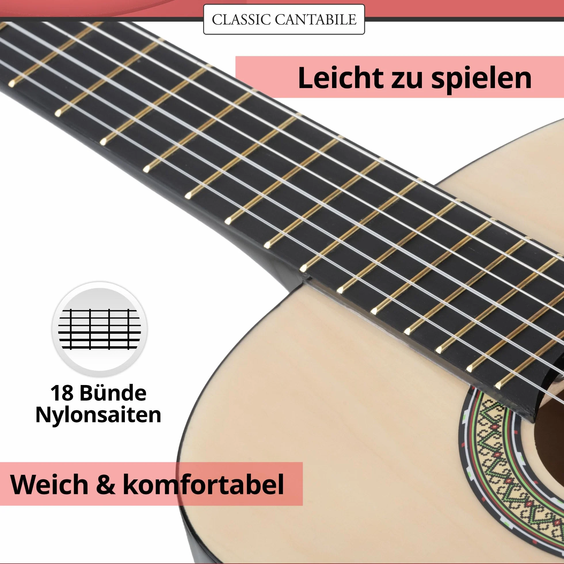 Classic Cantabile Acoustic Series AS-851-L Guitarra Clásica 7/8 para zurdos SET de inicio (guitarra de concierto, funda/bolsa, escuela, CD, DVD, púas, cuerdas, afinador) natural