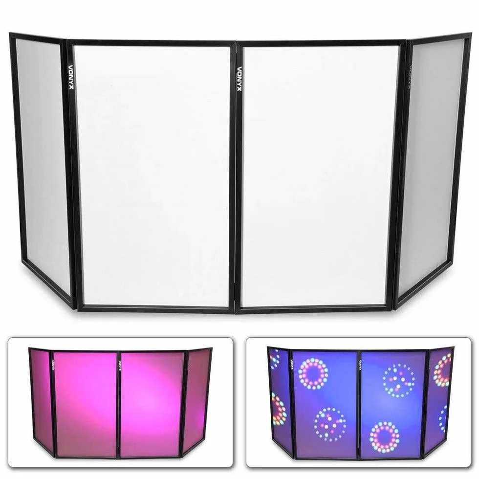 Vonyx DB2 - Panel Frontal para DJ en Lycra Blanca, Pantalla para DJ Plegable y fácil de Instalar, Oculta el Equipo de DJ, biombo para espectáculos de Luces. 120 x 70 (4 Paneles)