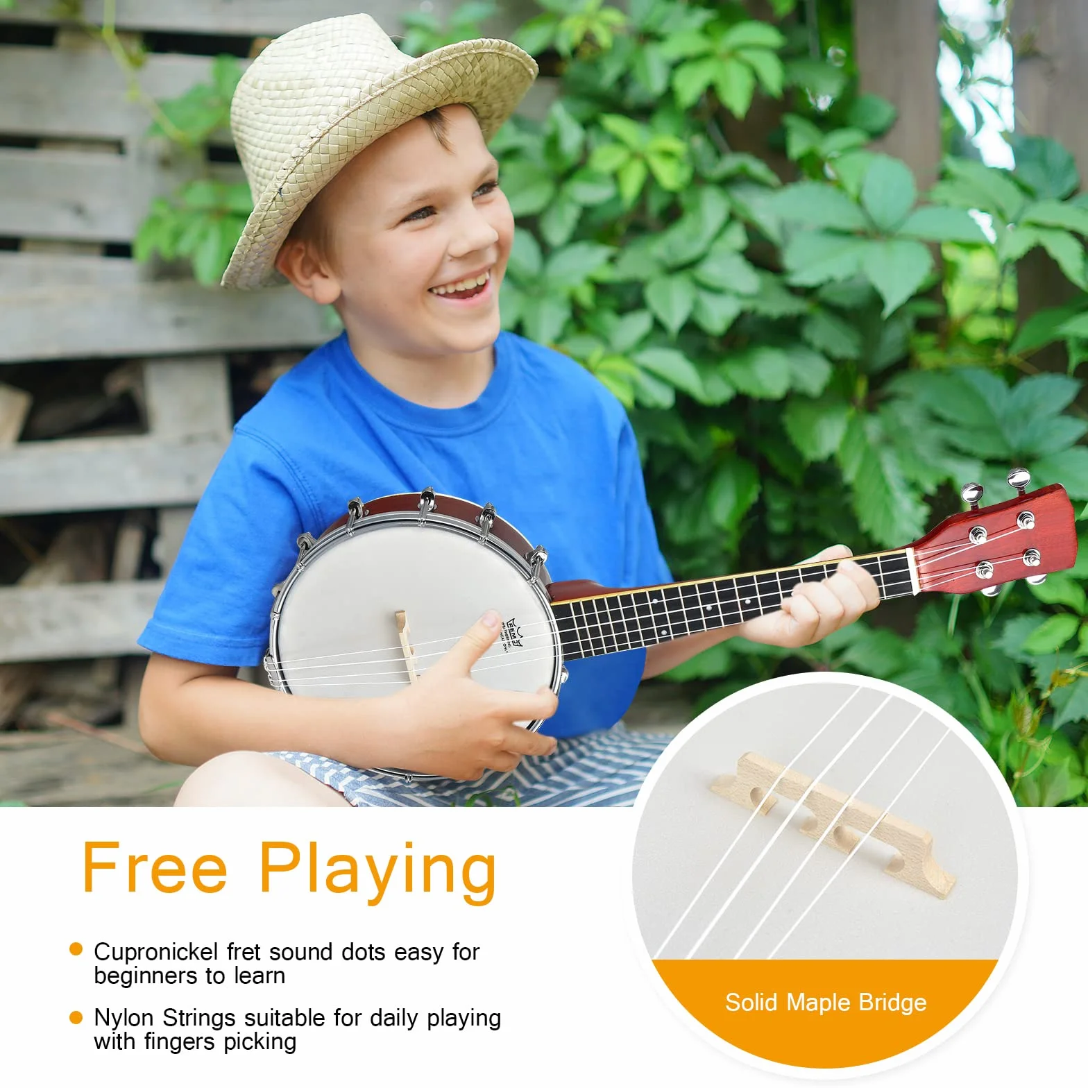 RELAX4LIFE Banjo de 4 cuerdas y 12 soportes portátil con bolsa, parte trasera sólida y cerrada y remo tambor, kit pequeño ukelele banjo de 62,5 cm, para niños, adultos, principiantes