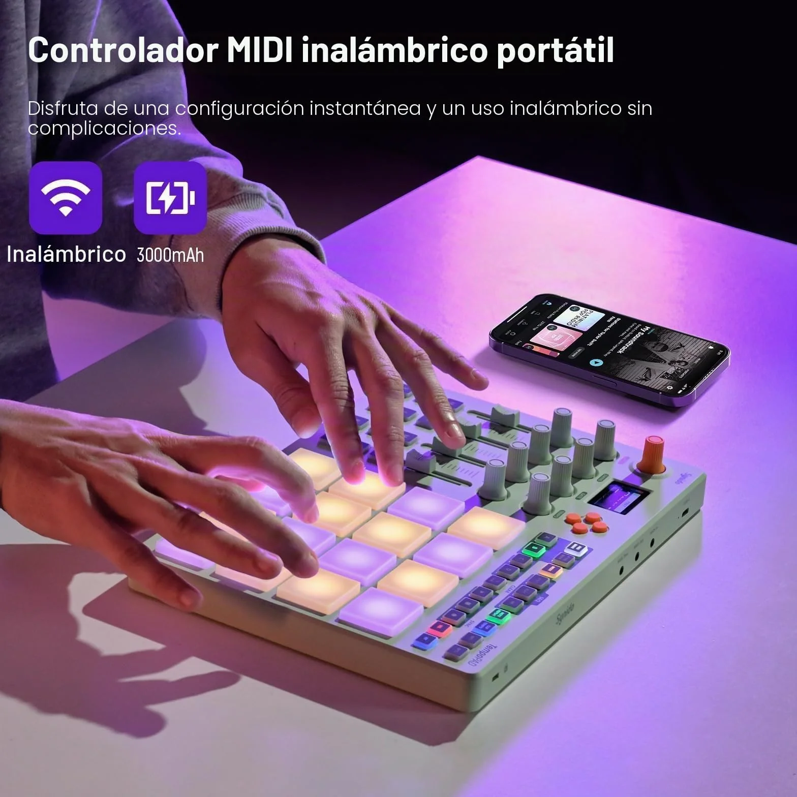 Synido Controlador inalámbrico MIDI Pad, máquina de creación de ritmos recargable por USB para producción musical profesional con 16 RGB Beat Pad, pantalla OLED, secuenciador de 16 pasos, entrada