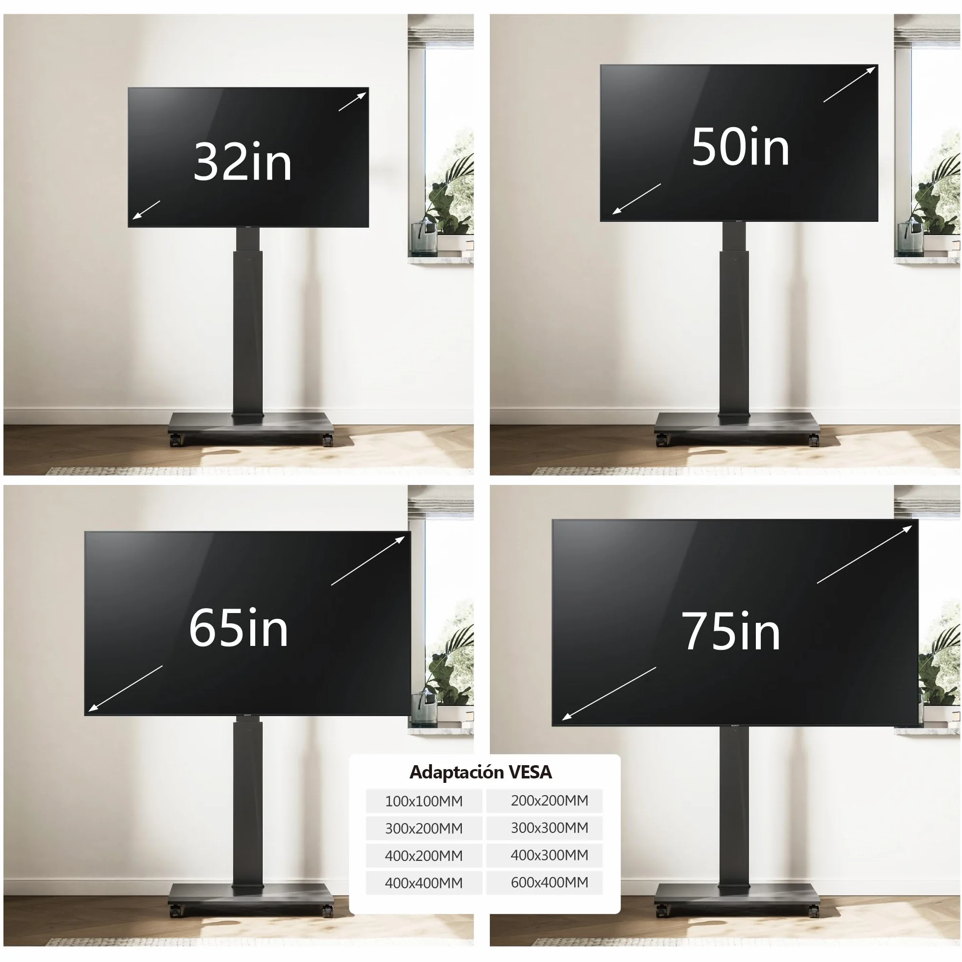 FITUEYES Soporte de TV sobre ruedas para carro de TV móvil de 32 a 75 pulgadas, horizontal a vertical, soporte de suelo para TV con giro de 40° y 7 altura ajustable, soporte de TV portátil máx. VESA