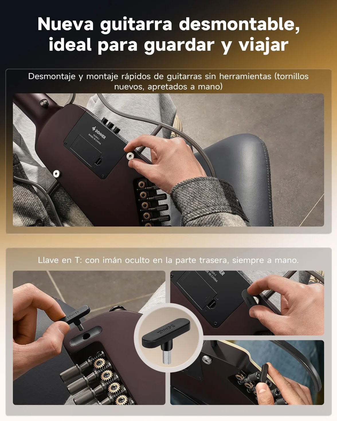 Donner HUSH I EVO2 Guitarra Acústica-Eléctrica de Viaje, Ultraligera, sin Clavijero, con Afinador Integrado, Soportes Desmontables y Salida para Auriculares – Sunburst