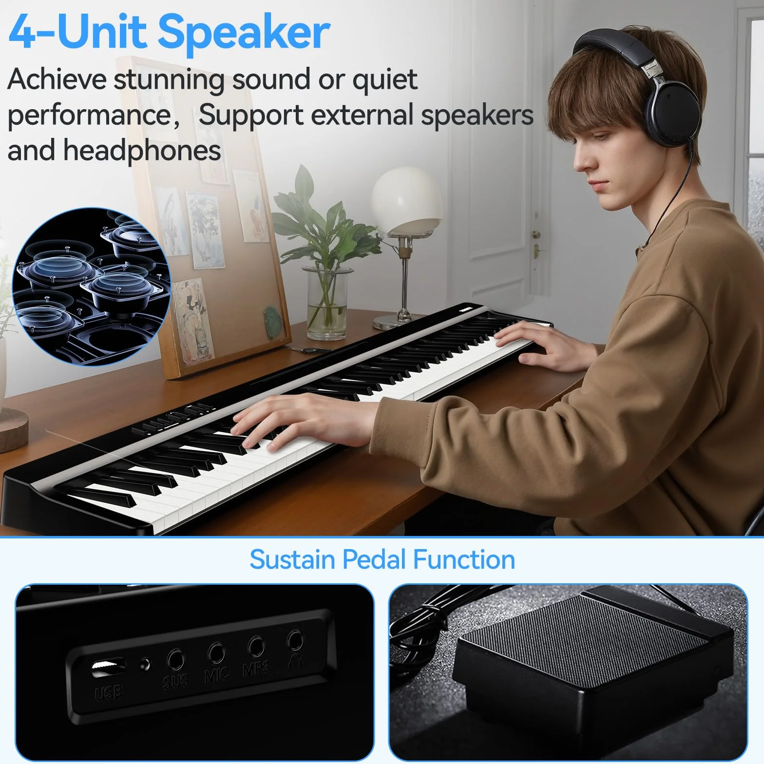 TERENCE Teclado de piano Piano digital portátil de 88 teclas con soporte Z, teclado semipesado para principiantes y expertos, función de grabación de audio integrada, interfaz MIDI Bluetooth.