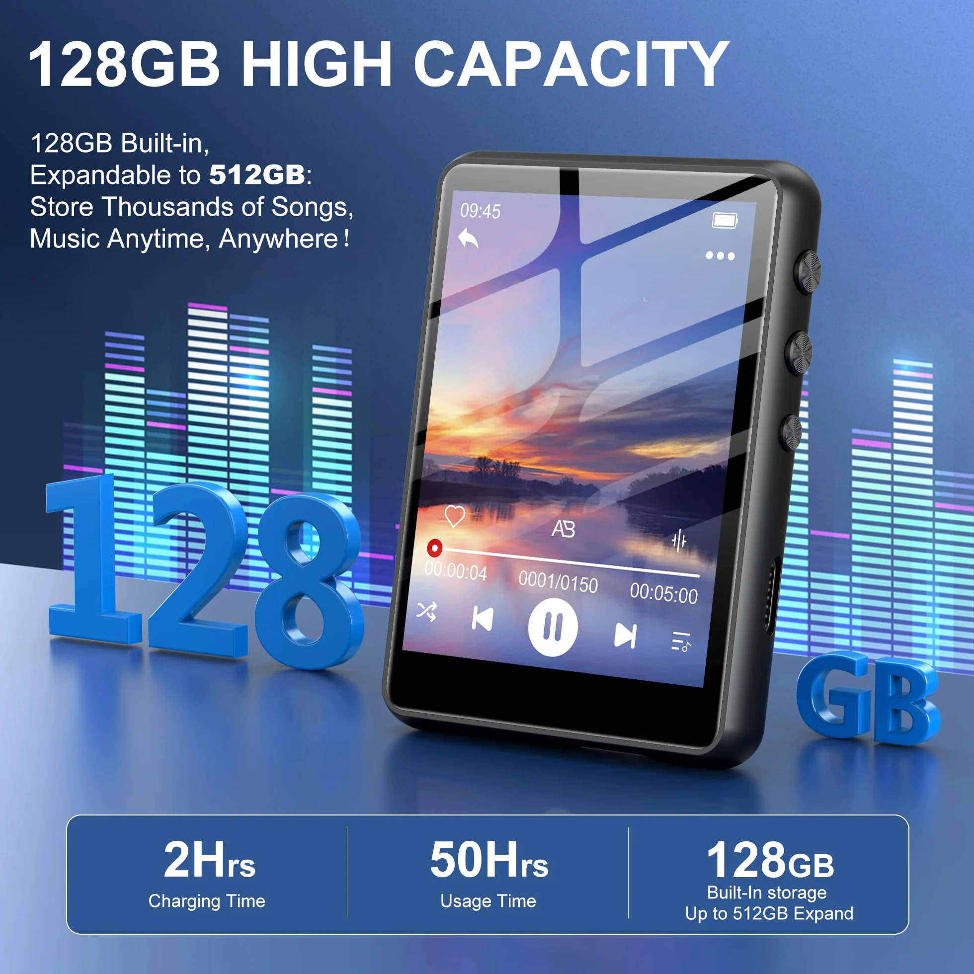 SWOFY Reproductor MP3 128GB Bluetooth 5.3 2.4 Pulgadas Pantalla táctil Negro