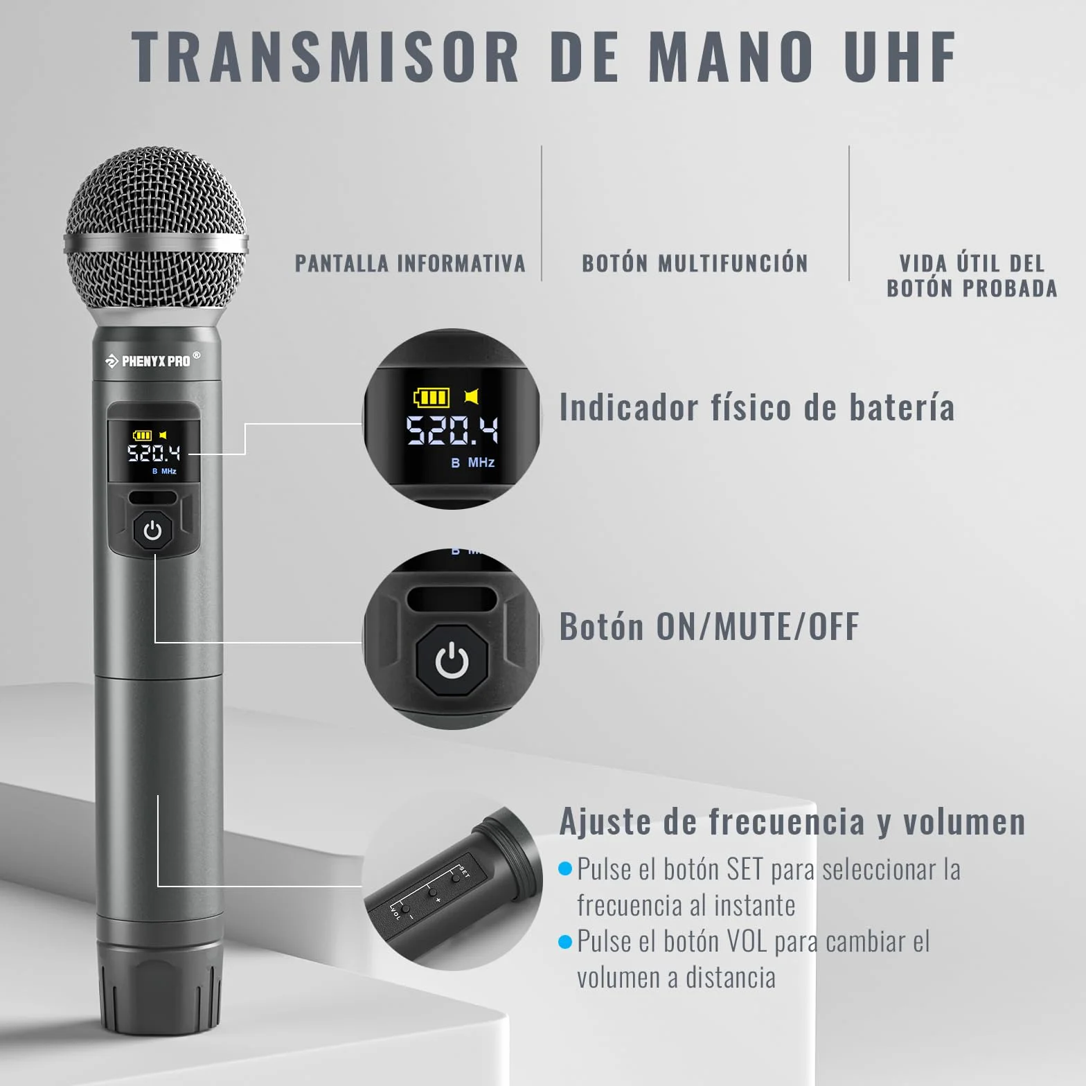 Phenyx Pro Sistema de Micrófono Inalámbrico de Metal, Micrófonos Dinámicos Inalámbricos de Mano para Canto, Karaoke, 2x30 Frecuencias Sintonizables UHF, Alcance de 200 pies (PTU-52-2H)