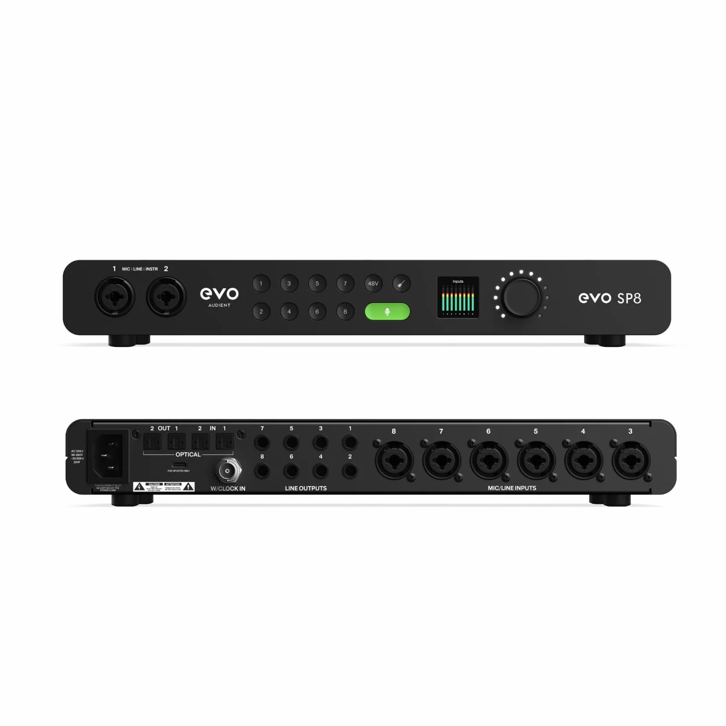 Audient EVO SP8, expansor de preamplificadores de estudio, ocho preamplificadores EVO, 8 preamplificadores de micrófono EVO con Smartgain, preamplificador de micrófono, negro
