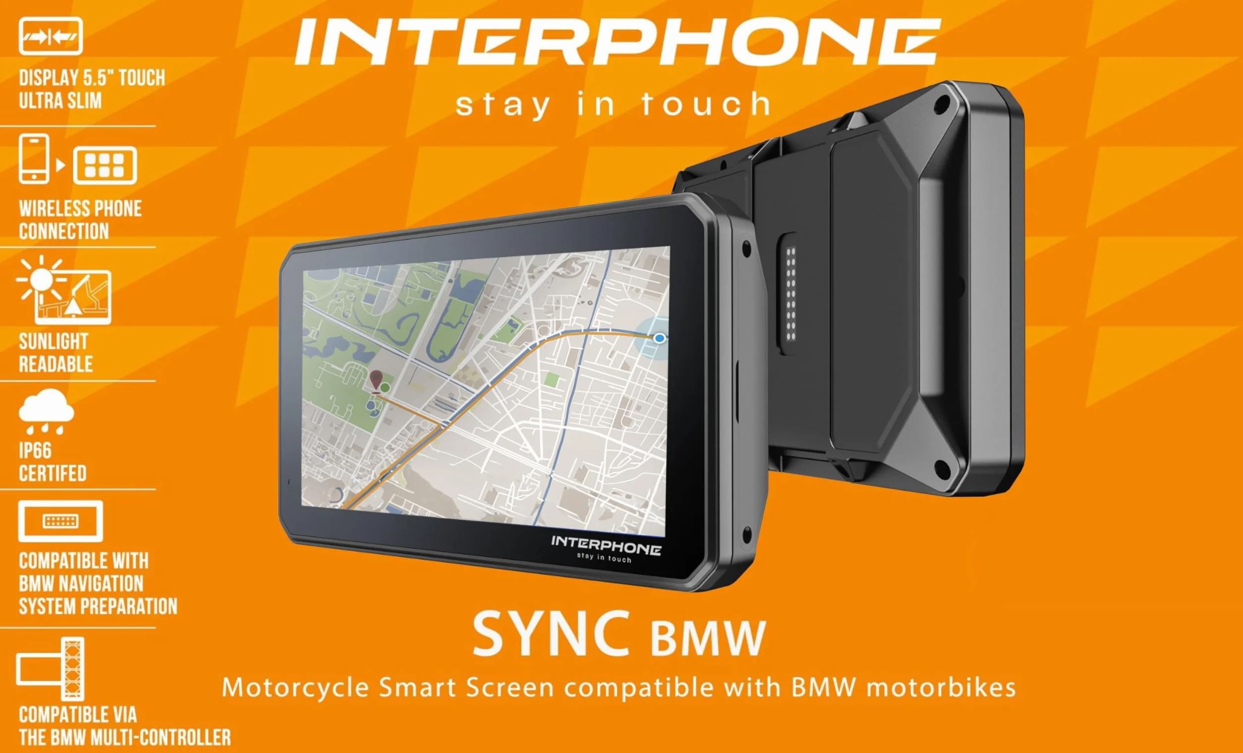 INTERPHONE SYNC55B – Pantalla Inteligente para Moto BMW de 5,5" con Wi-Fi y Bluetooth, Compatible con Apple CarPlay y Android Auto – Válida para el Soporte de Navegador Original BMW