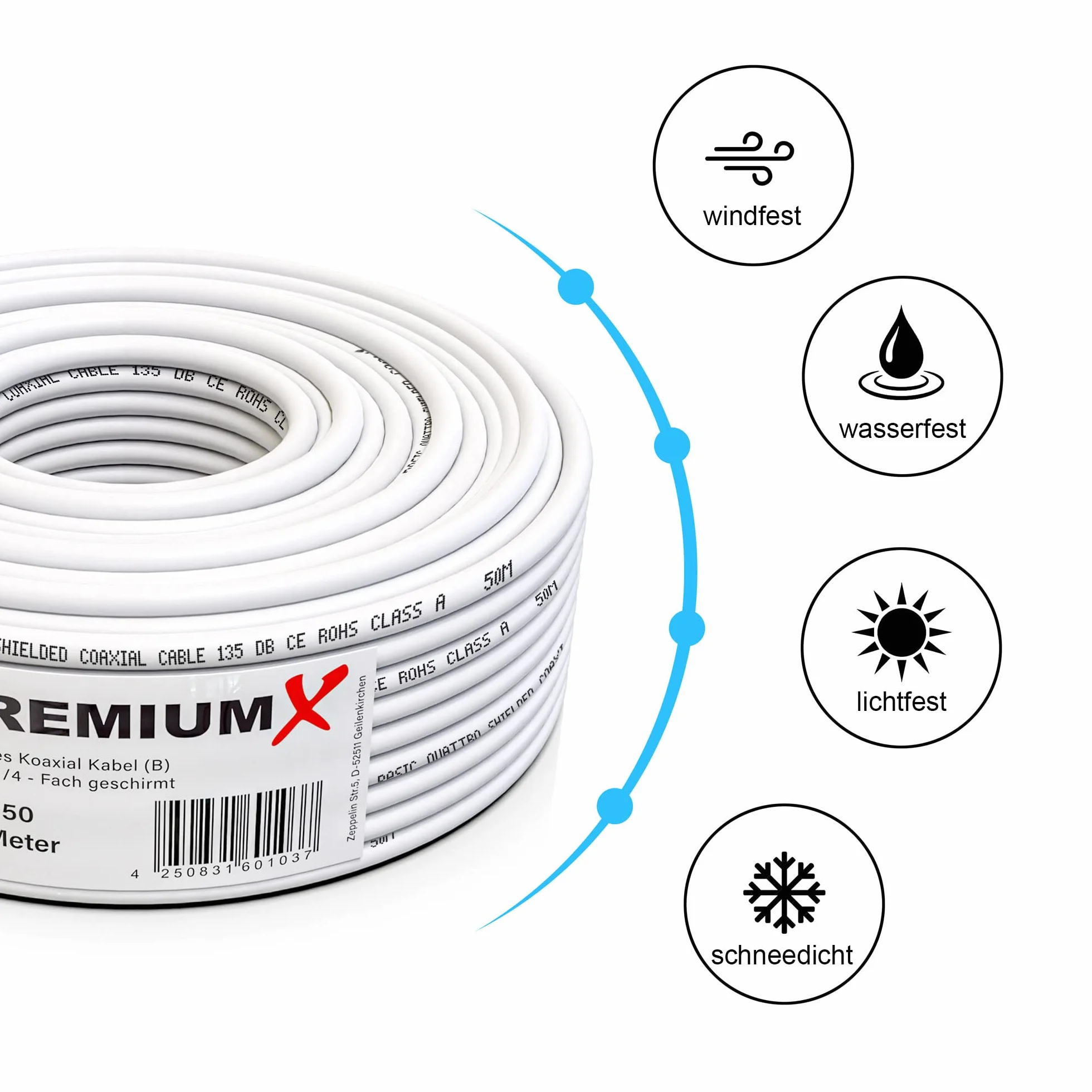 Cable coaxial 50m blindaje aluminio cuádruple 135dB DVB-S/S2 DVB-C DVB-T conectores F