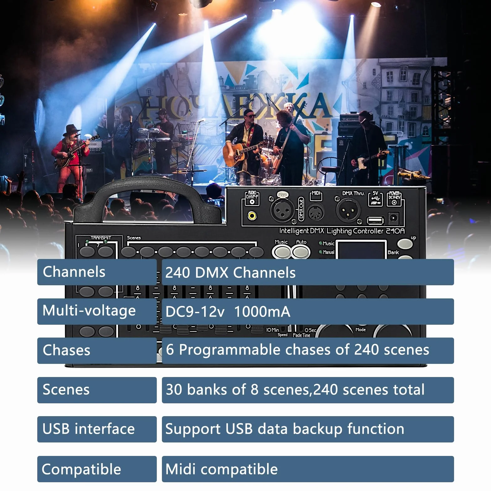 Consola de iluminación DMX, controlador DMX 512 de 240 canales para luces DJ, equipada con función de respaldo de datos USB, color negro