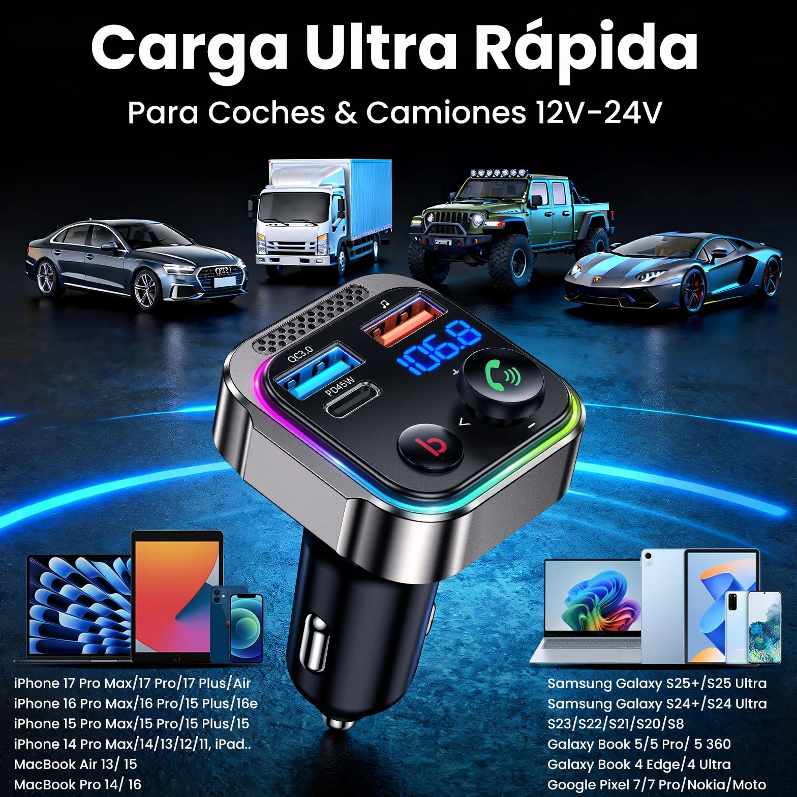 GizmoVine Bluetooth FM Transmitter Car Charger 63W PD 45W 18W Dual USB LED Handsfree Zinc Alloy